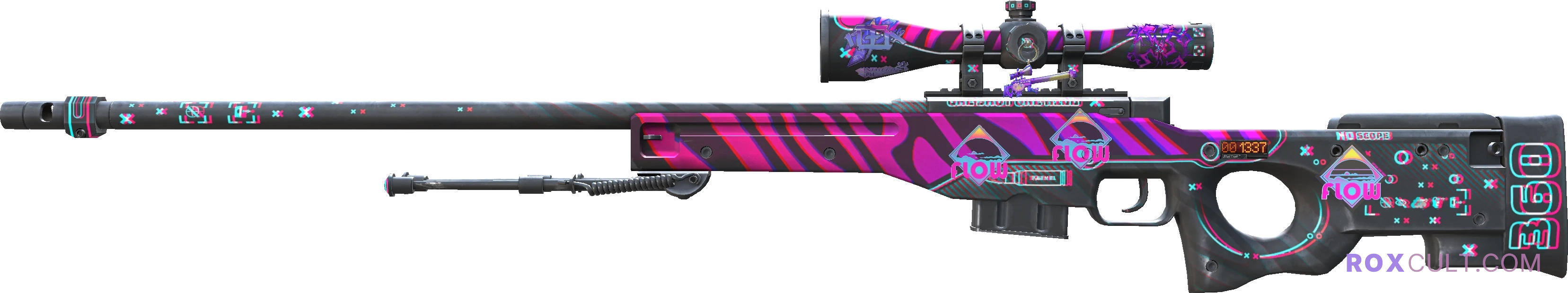 StatTrak™ AWP | Chromatic Aberration (Factory New) — rox (Holo) Antwerp 2022 craft, playside view with 1 rox (Holo) sticker