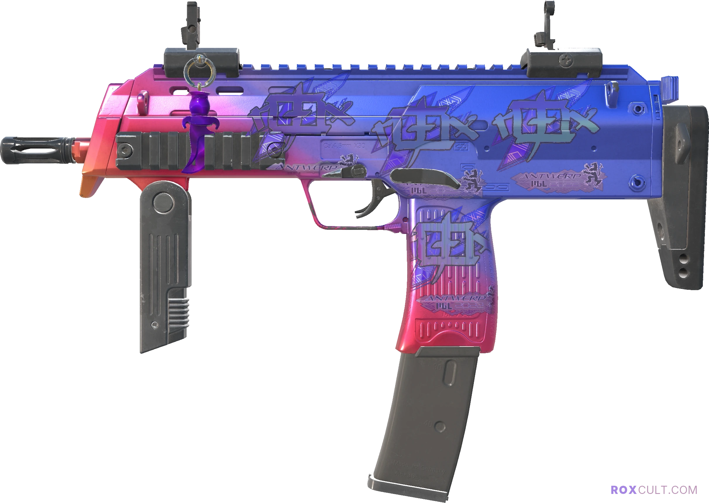 MP7 | Fade (Factory New) — rox (Holo) Antwerp 2022 craft, playside view with 4 rox (Holo) stickers