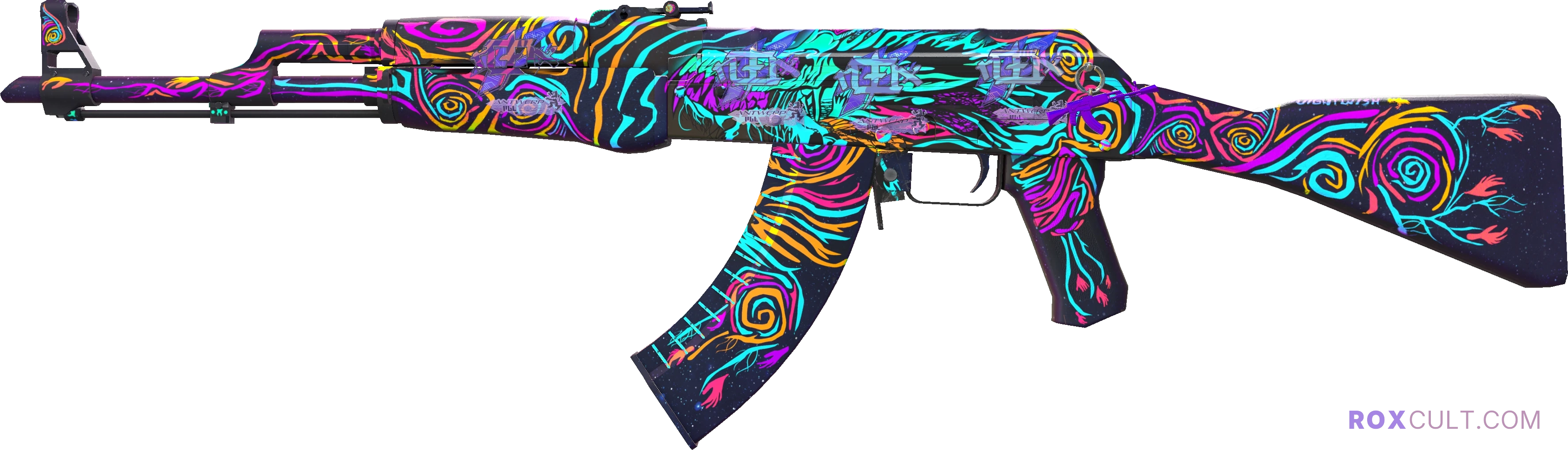 AK-47 | Nightwish (Factory New) — rox (Holo) Antwerp 2022 craft, playside view with 4 rox (Holo) stickers