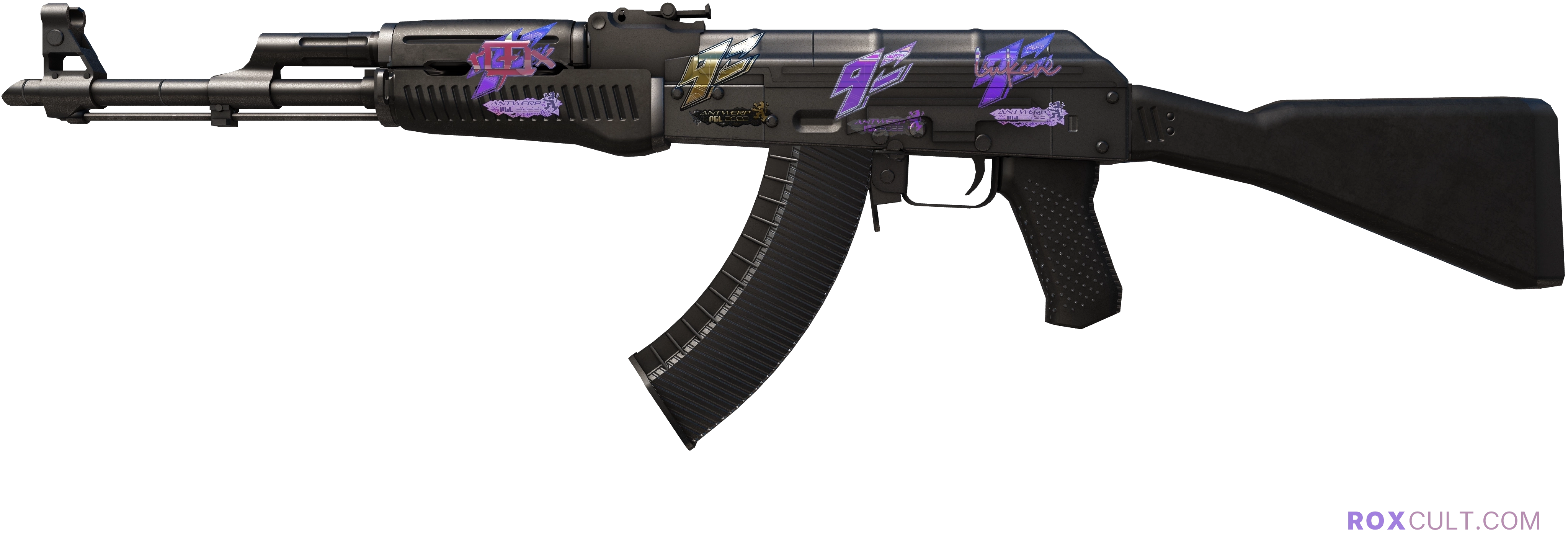 AK-47 | Slate (Factory New) — rox (Holo) Antwerp 2022 craft, playside view with 1 rox (Holo) sticker