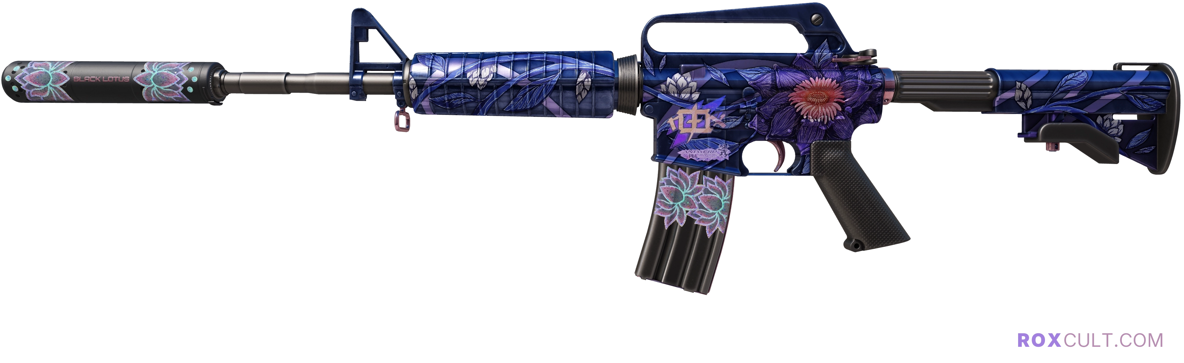 M4A1-S | Black Lotus (Factory New) — rox (Holo) Antwerp 2022 craft, playside view with 1 rox (Holo) sticker