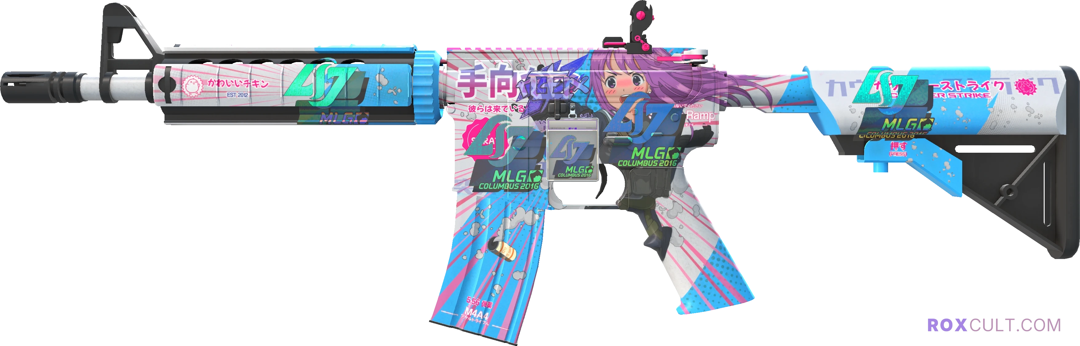 M4A4 | Temukau (Factory New) — rox (Holo) Antwerp 2022 craft, playside view with 1 rox (Holo) sticker