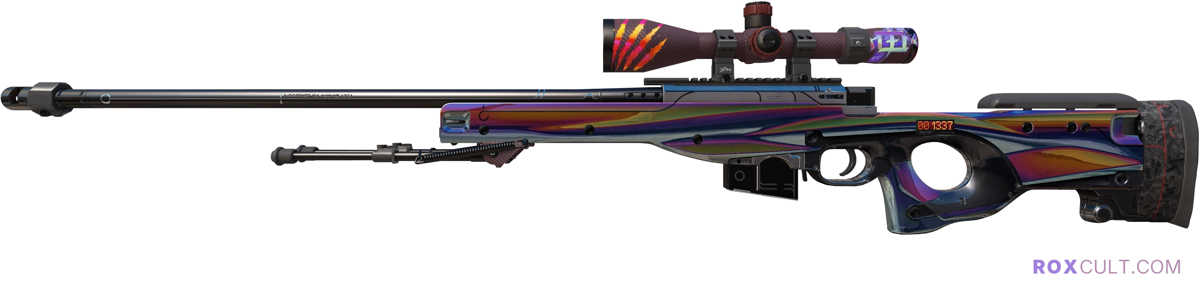 StatTrak™ AWP | Chrome Cannon (Minimal Wear) — rox (Holo) Antwerp 2022 craft, playside view with 1 rox (Holo) sticker
