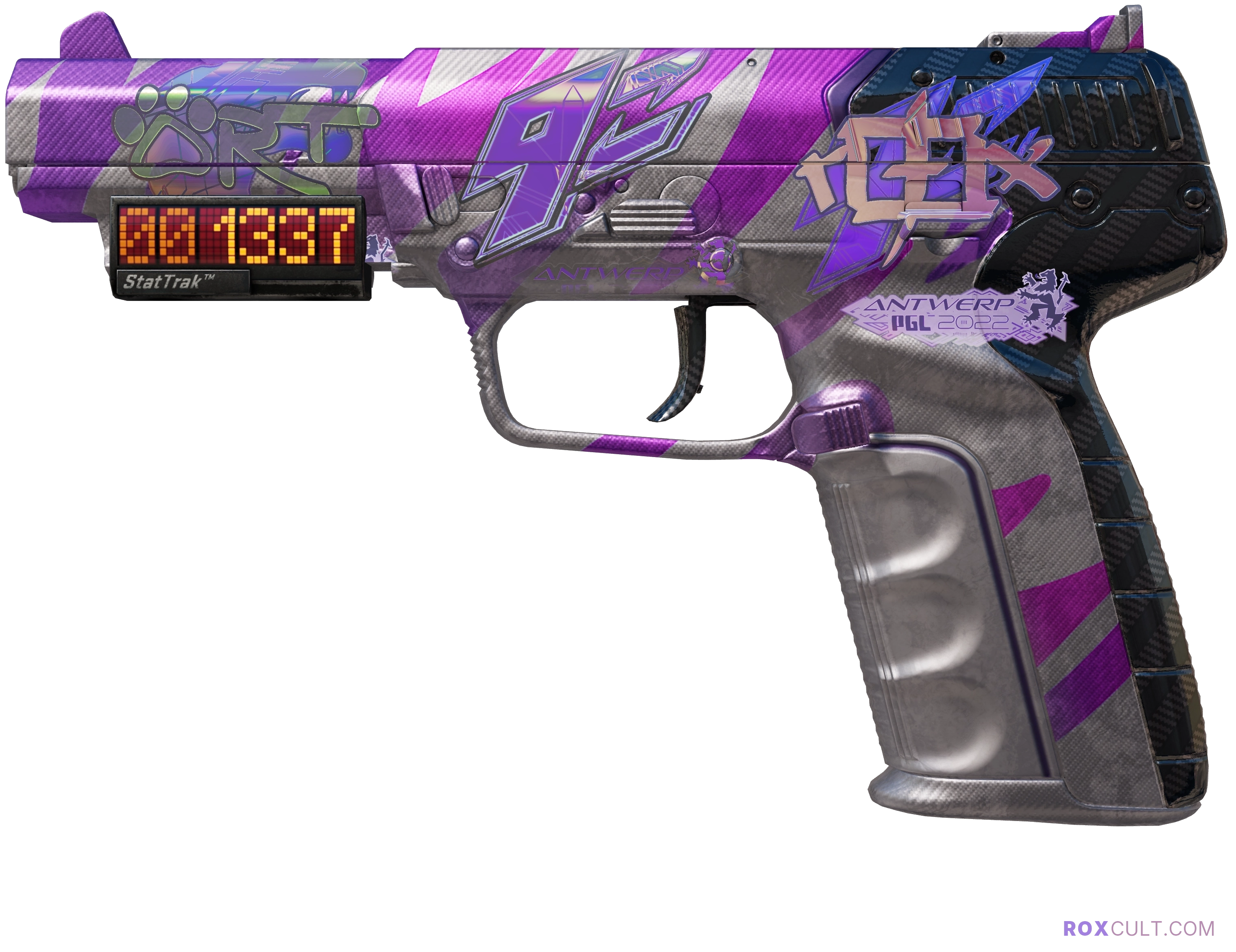 StatTrak™ Five-SeveN | Hybrid (Factory New) — rox (Holo) Antwerp 2022 craft, playside view with 1 rox (Holo) sticker