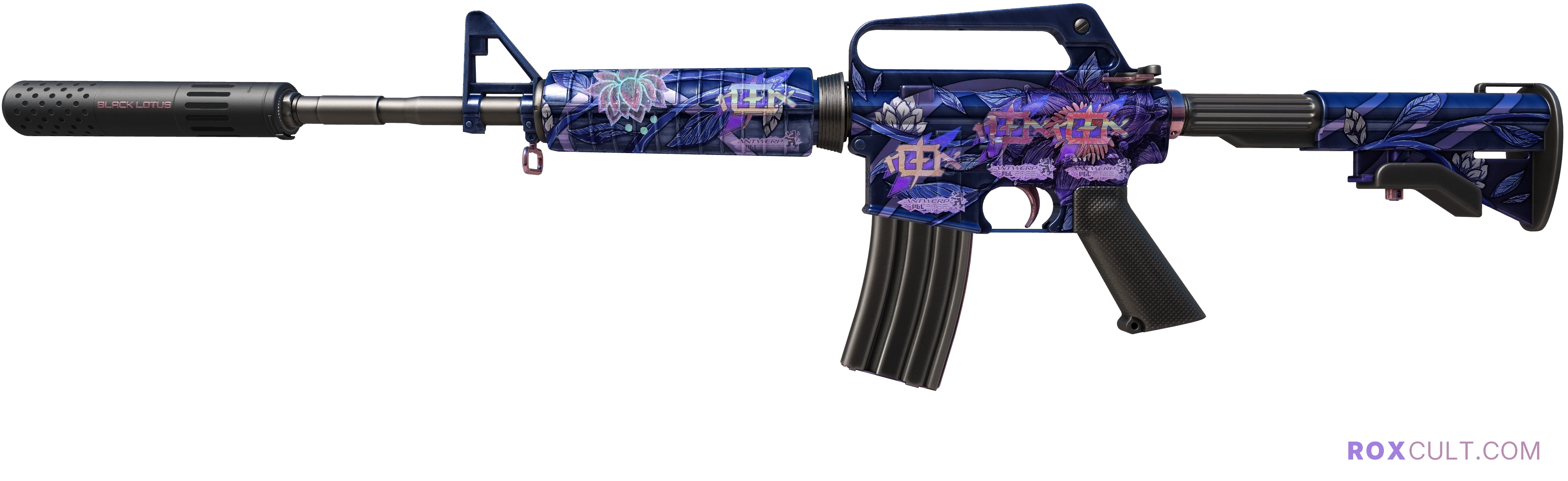M4A1-S | Black Lotus (Factory New) — rox (Holo) Antwerp 2022 craft, playside view with 4 rox (Holo) stickers
