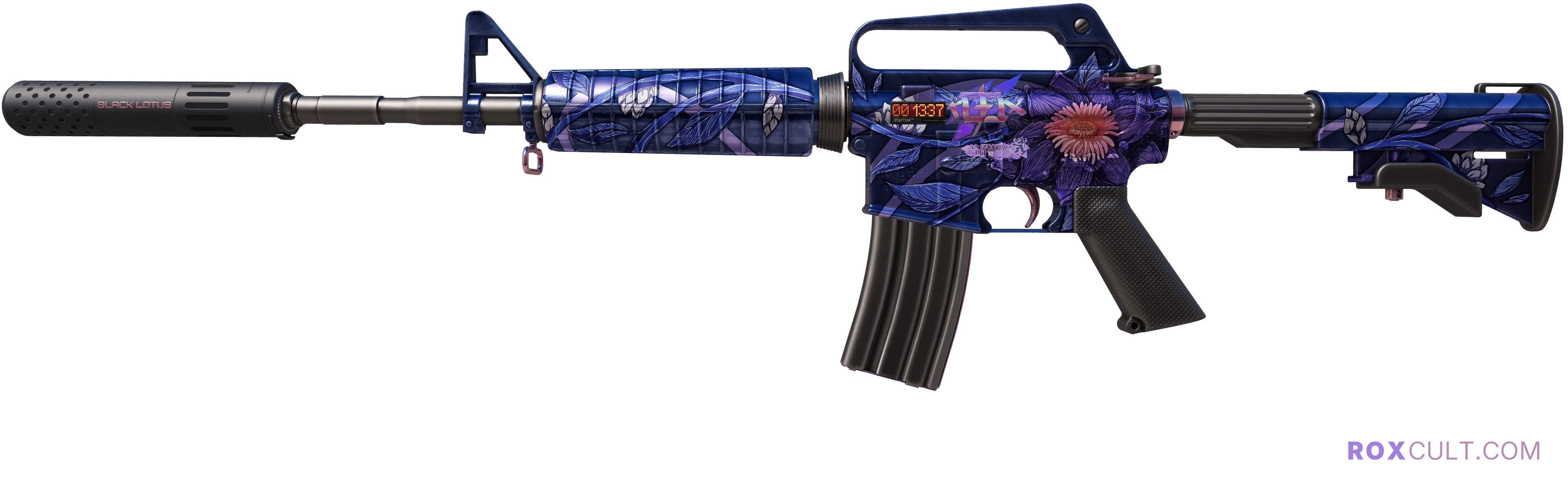 StatTrak™ M4A1-S | Black Lotus (Factory New) — rox (Holo) Antwerp 2022 craft, playside view with 1 rox (Holo) sticker