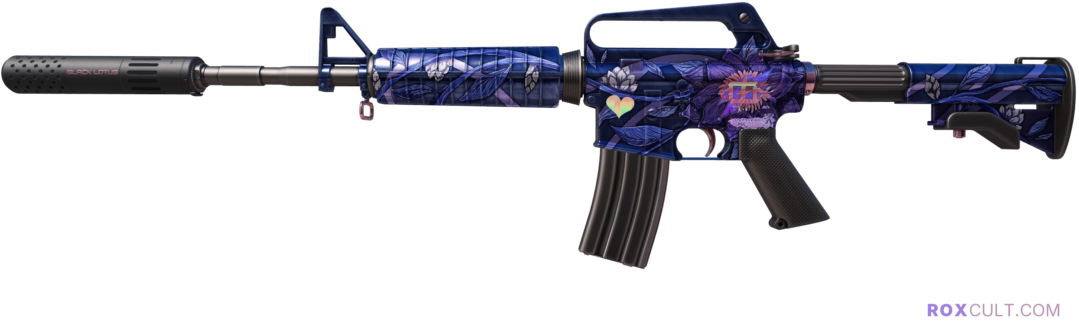 M4A1-S | Black Lotus (Minimal Wear) — rox (Holo) Antwerp 2022 craft, playside view with 1 rox (Holo) sticker
