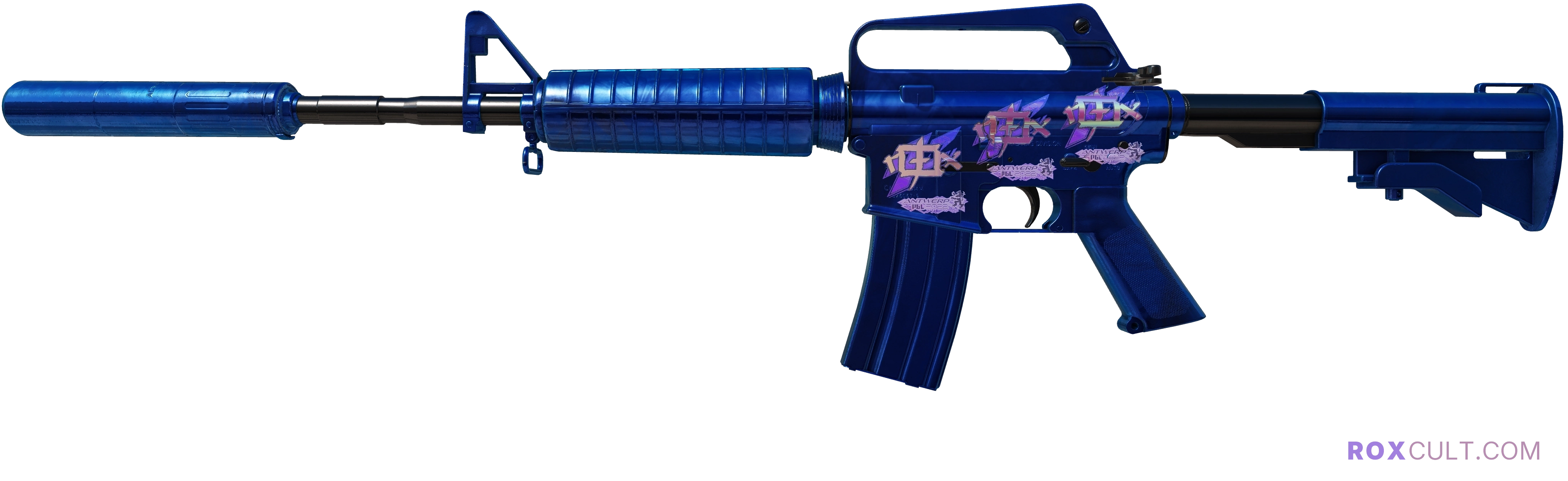 M4A1-S | Blue Phosphor (Factory New) — rox (Holo) Antwerp 2022 craft, playside view with 3 rox (Holo) stickers