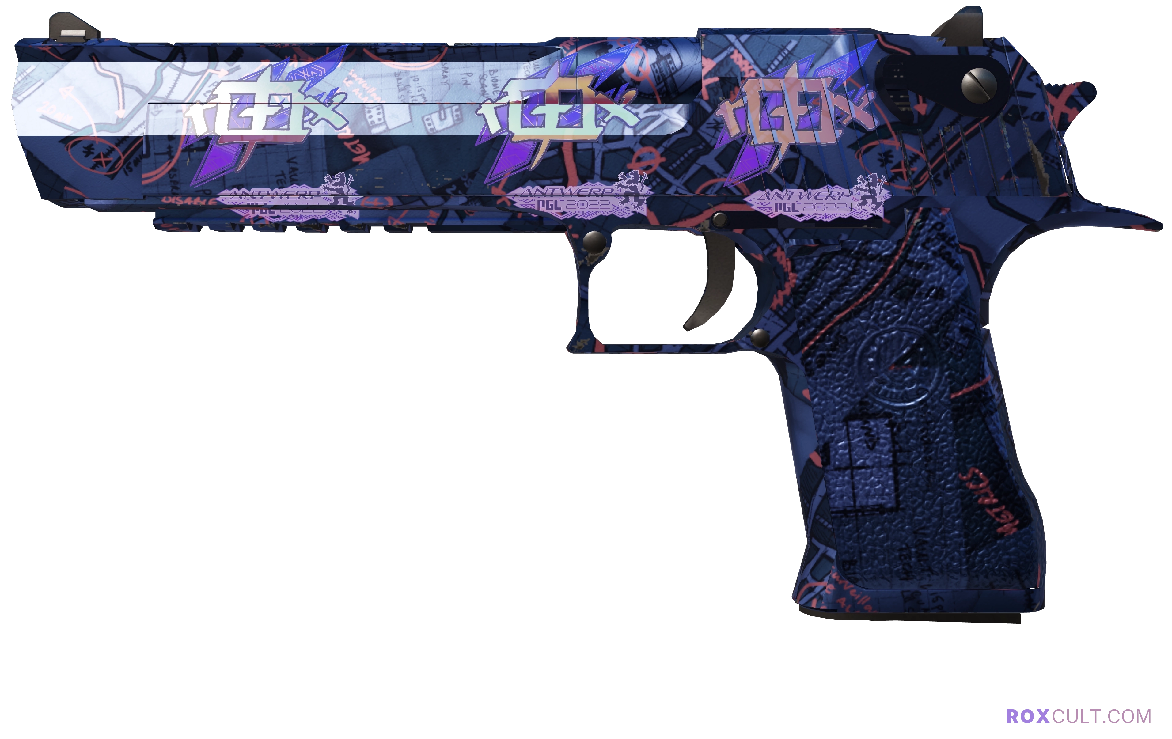 Desert Eagle | Night Heist (Factory New) — rox (Holo) Antwerp 2022 craft, playside view with 3 rox (Holo) stickers