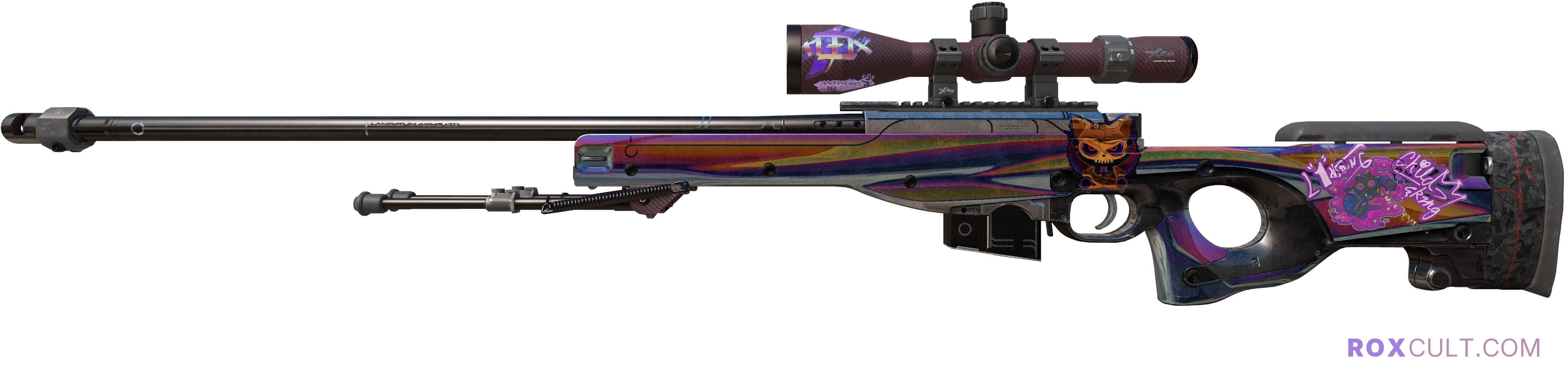 AWP | Chrome Cannon (Field-Tested) — rox (Holo) Antwerp 2022 craft, playside view with 1 rox (Holo) sticker