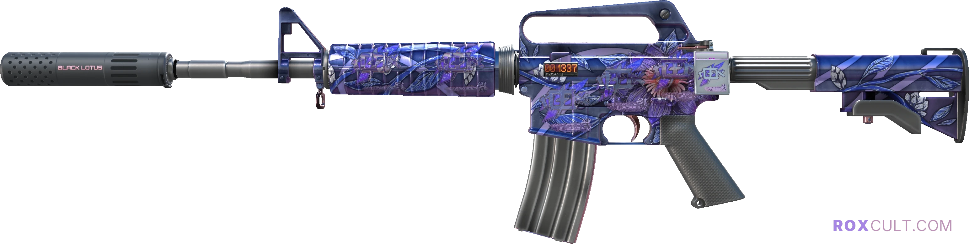 StatTrak™ M4A1-S | Black Lotus (Factory New) — rox (Holo) Antwerp 2022 craft, playside view with 5 rox (Holo) stickers