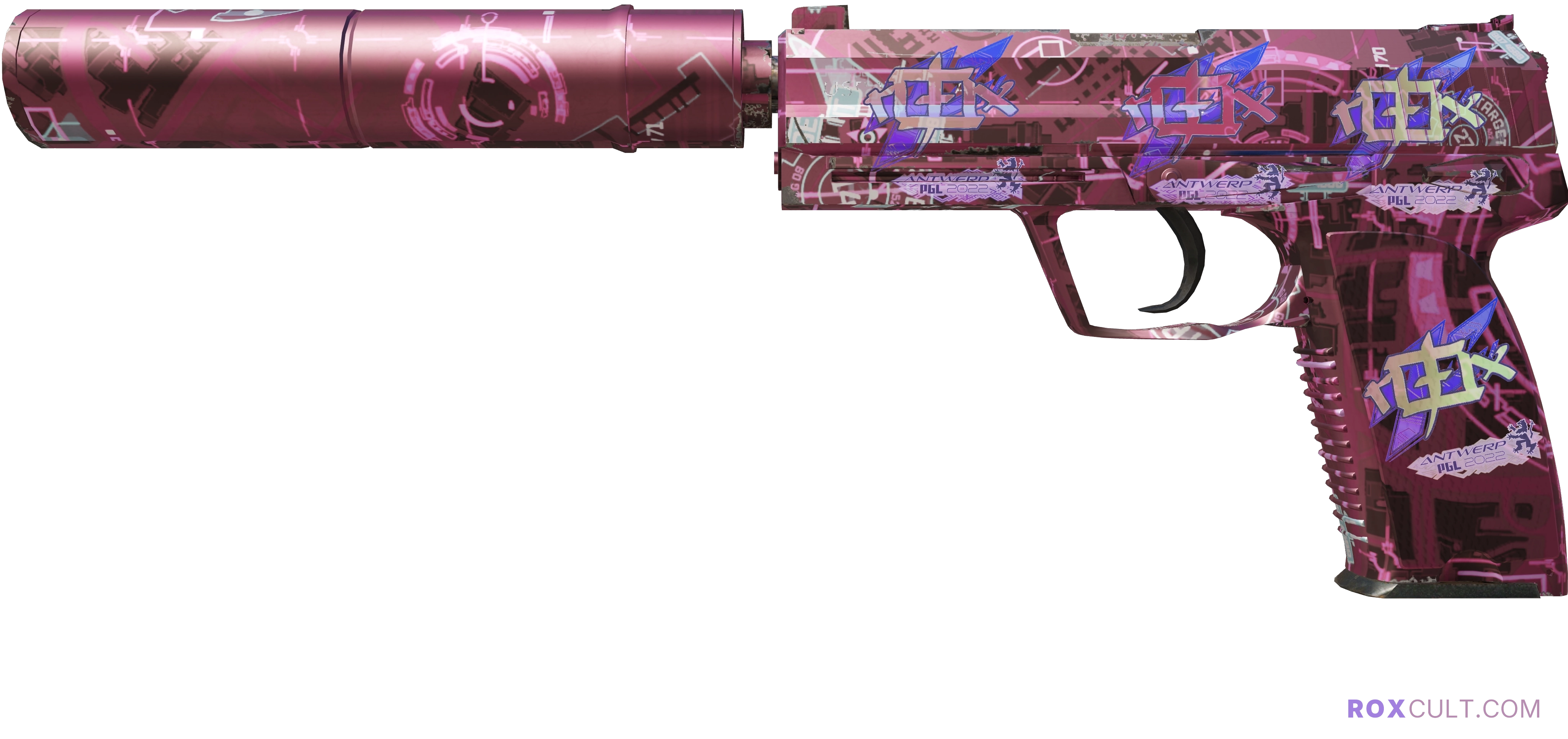 USP-S | Target Acquired (Factory New) — rox (Holo) Antwerp 2022 craft, playside view with 4 rox (Holo) stickers