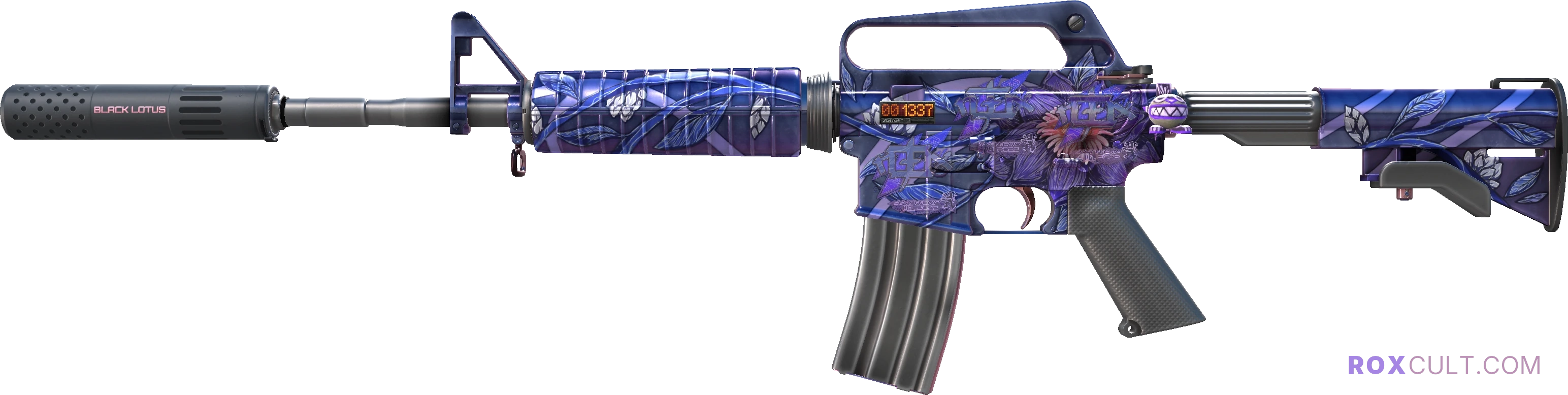 StatTrak™ M4A1-S | Black Lotus (Factory New) — rox (Holo) Antwerp 2022 craft, playside view with 3 rox (Holo) stickers