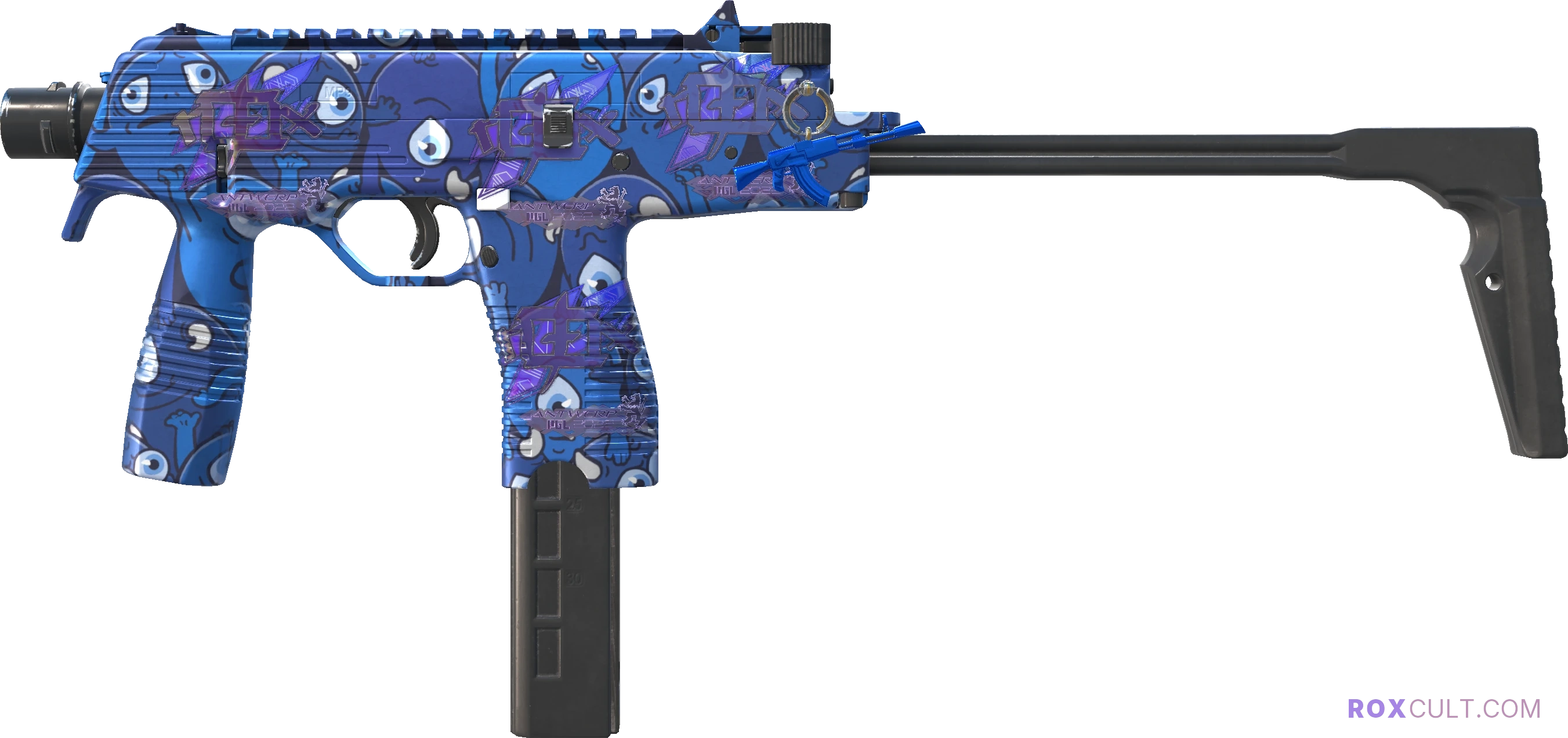 MP9 | Pandora's Box (Factory New) — rox (Holo) Antwerp 2022 craft, playside view with 4 rox (Holo) stickers