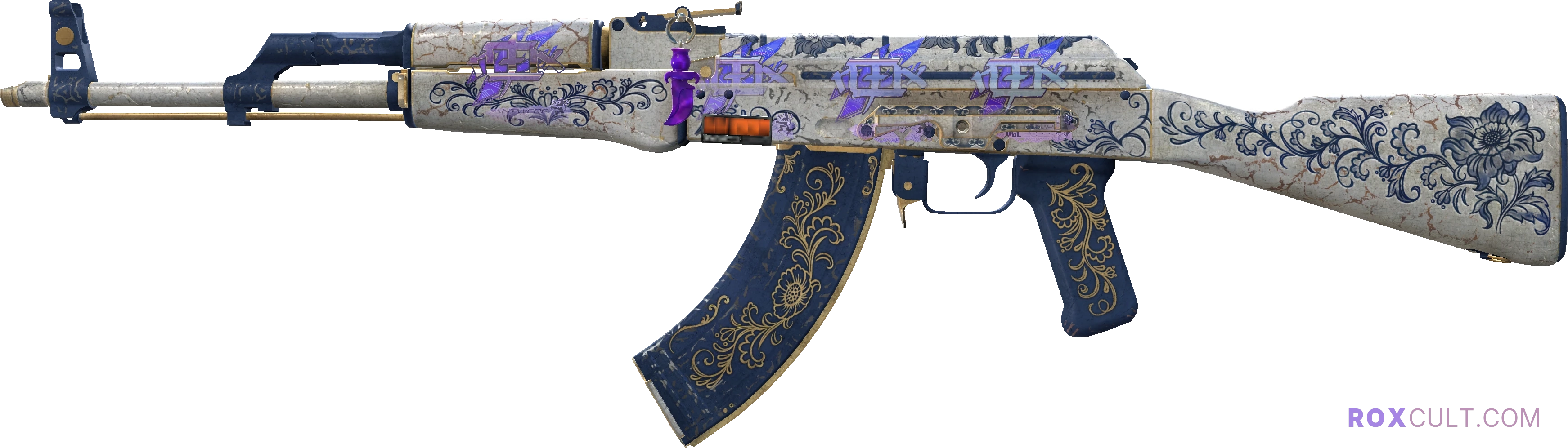 StatTrak™ AK-47 | Inheritance (Battle-Scarred) — rox (Holo) Antwerp 2022 craft, playside view with 4 rox (Holo) stickers