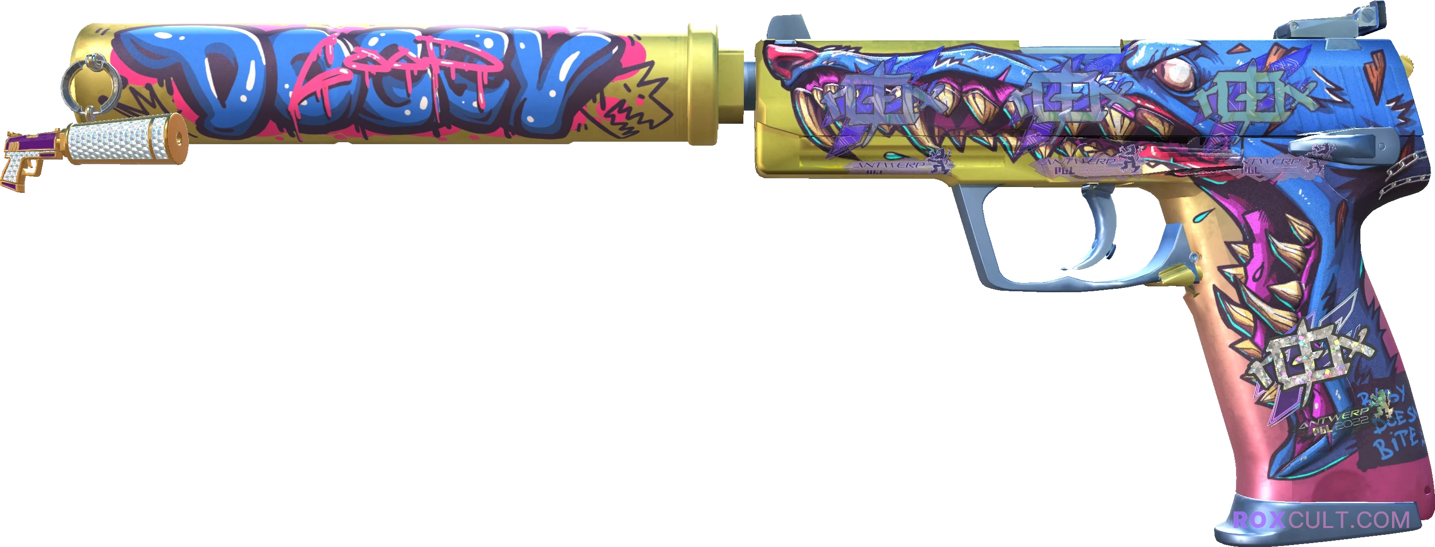 USP-S | Jawbreaker (Factory New) — rox (Holo) Antwerp 2022 craft, playside view with 3 rox (Holo) stickers