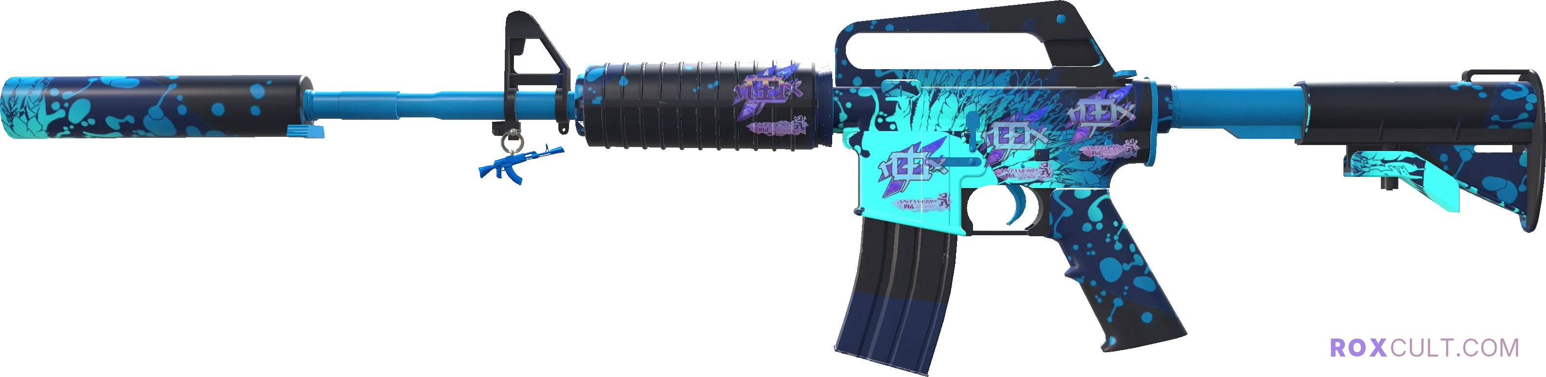 M4A1-S | Icarus Fell (Factory New) — rox (Holo) Antwerp 2022 craft, playside view with 4 rox (Holo) stickers