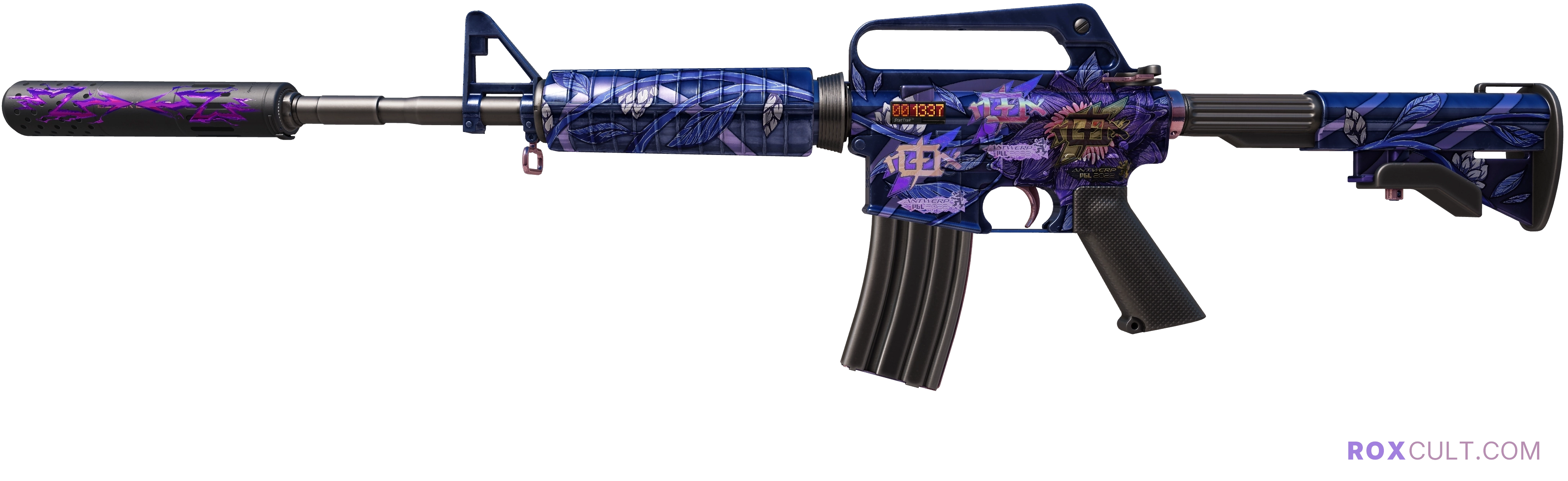 StatTrak™ M4A1-S | Black Lotus (Factory New) — rox (Holo) Antwerp 2022 craft, playside view with 2 rox (Holo) stickers