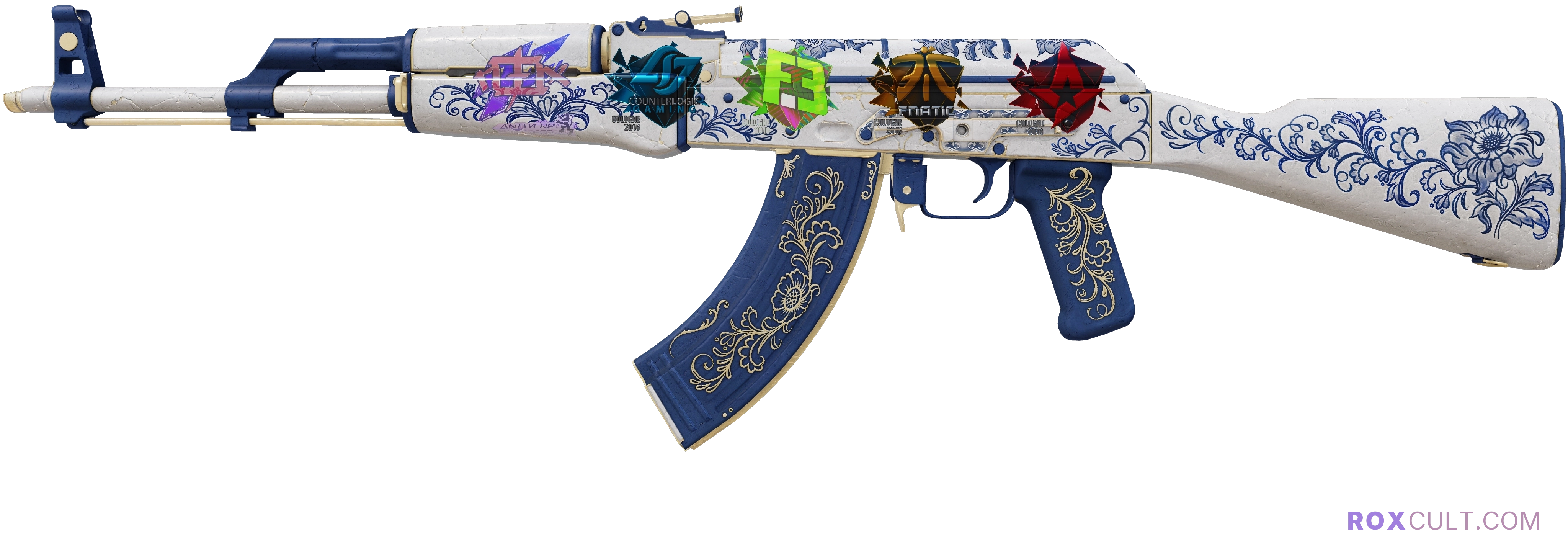 AK-47 | Inheritance (Factory New) — rox (Holo) Antwerp 2022 craft, playside view with 1 rox (Holo) sticker