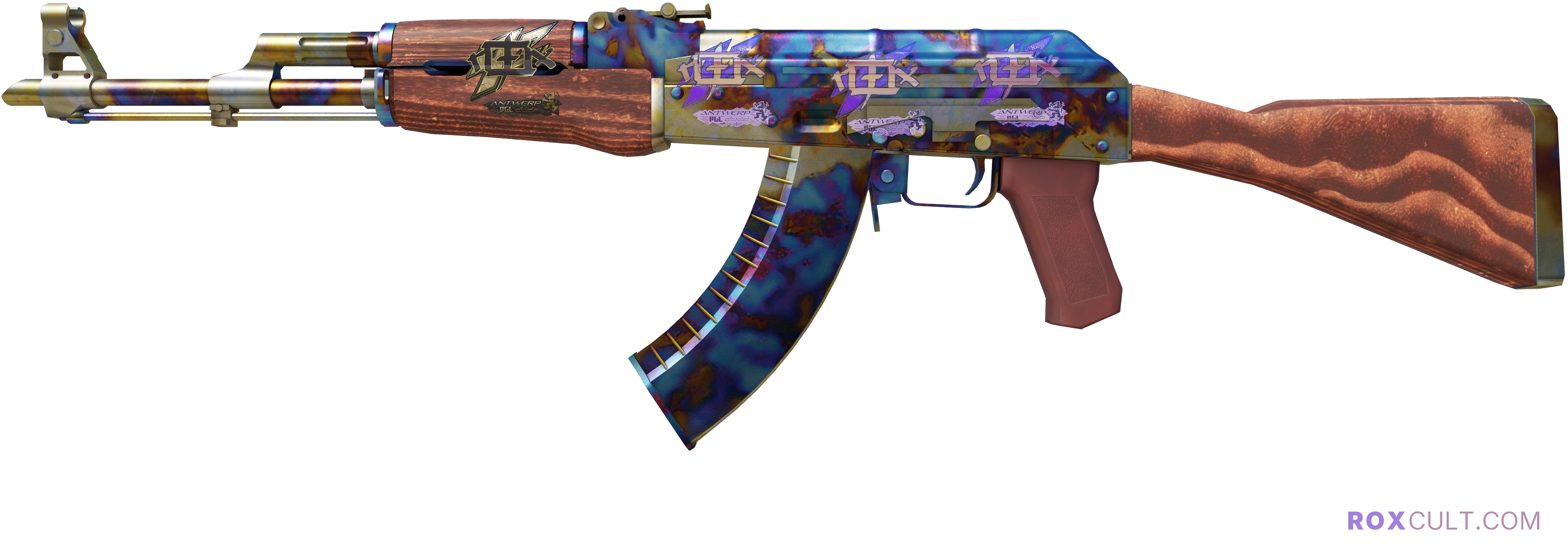 AK-47 | Case Hardened (Minimal Wear) — rox (Holo) Antwerp 2022 craft, playside view with 3 rox (Holo) stickers