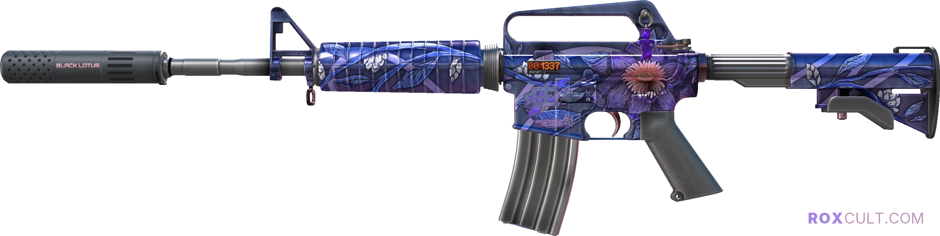 StatTrak™ M4A1-S | Black Lotus (Factory New) — rox (Holo) Antwerp 2022 craft, playside view with 1 rox (Holo) sticker