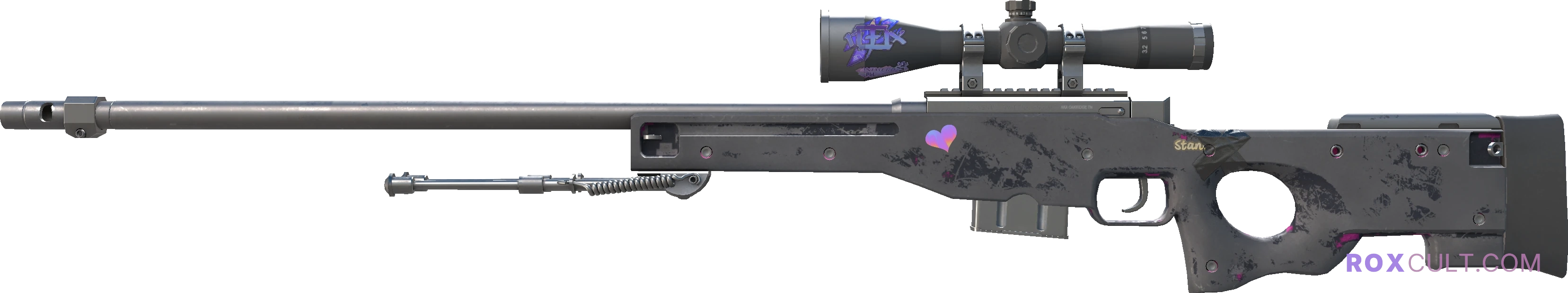 Souvenir AWP | Pink DDPAT (Battle-Scarred) — rox (Holo) Antwerp 2022 craft, playside view with 1 rox (Holo) sticker