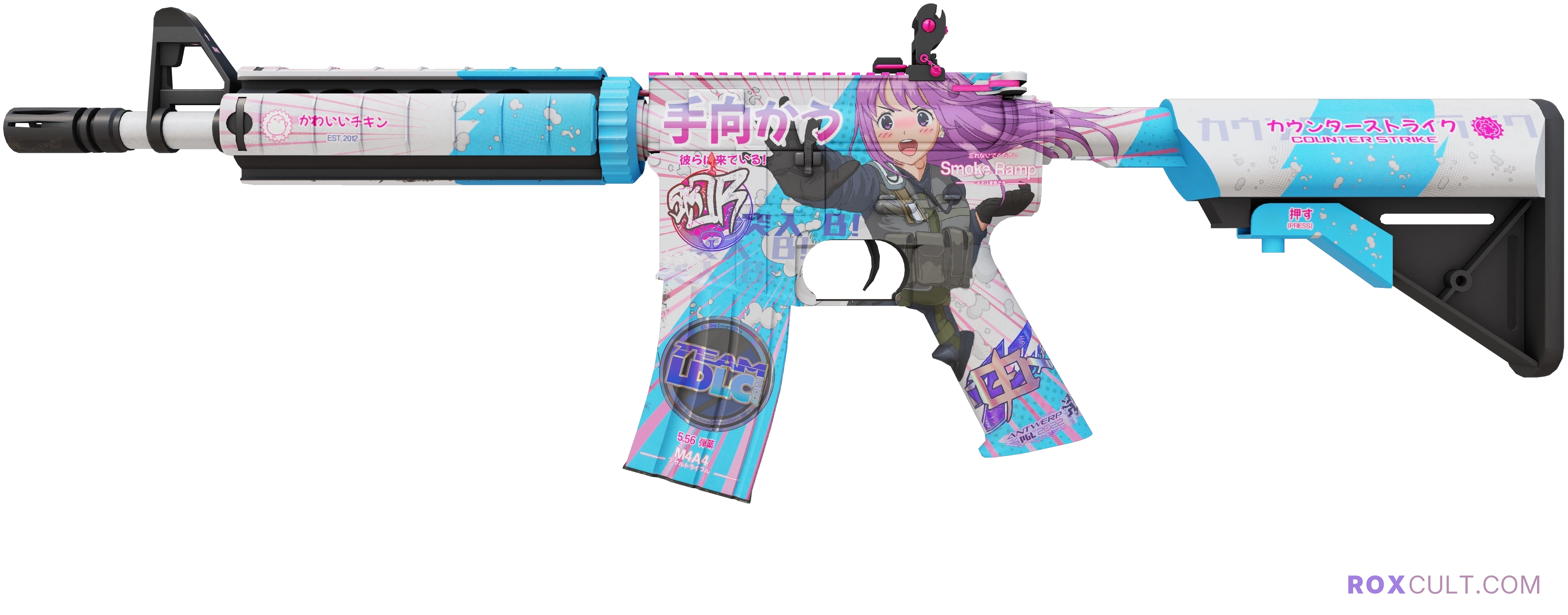 M4A4 | Temukau (Factory New) — rox (Holo) Antwerp 2022 craft, playside view with 1 rox (Holo) sticker