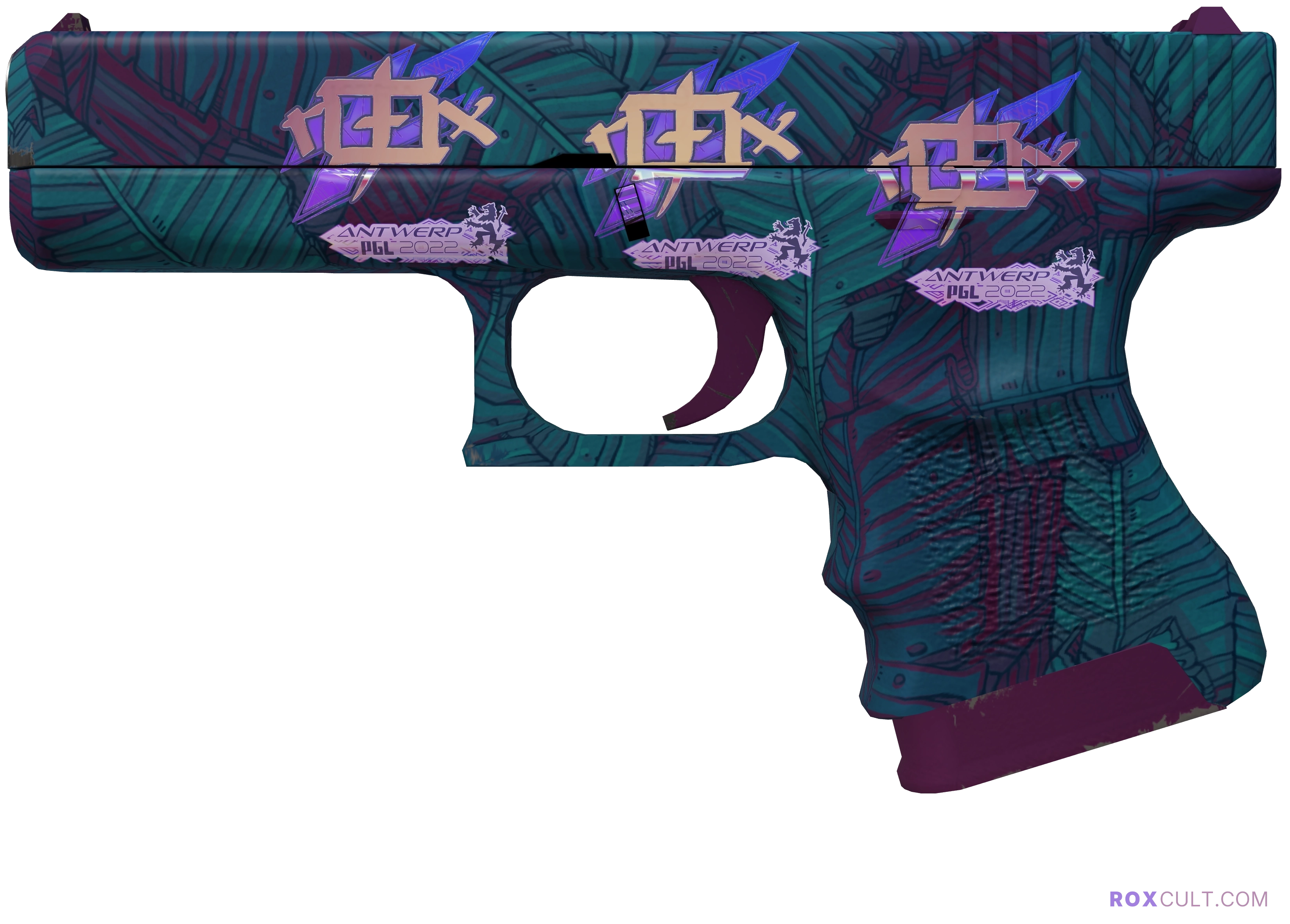 Glock-18 | Synth Leaf (Factory New) — rox (Holo) Antwerp 2022 craft, playside view with 3 rox (Holo) stickers