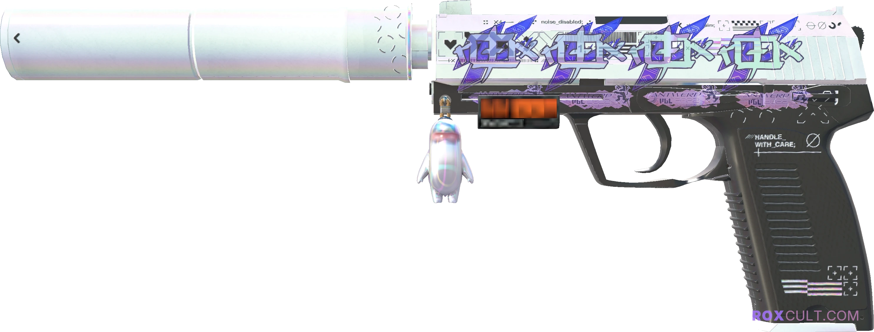 StatTrak™ USP-S | Printstream (Factory New) — rox (Holo) Antwerp 2022 craft, playside view with 4 rox (Holo) stickers