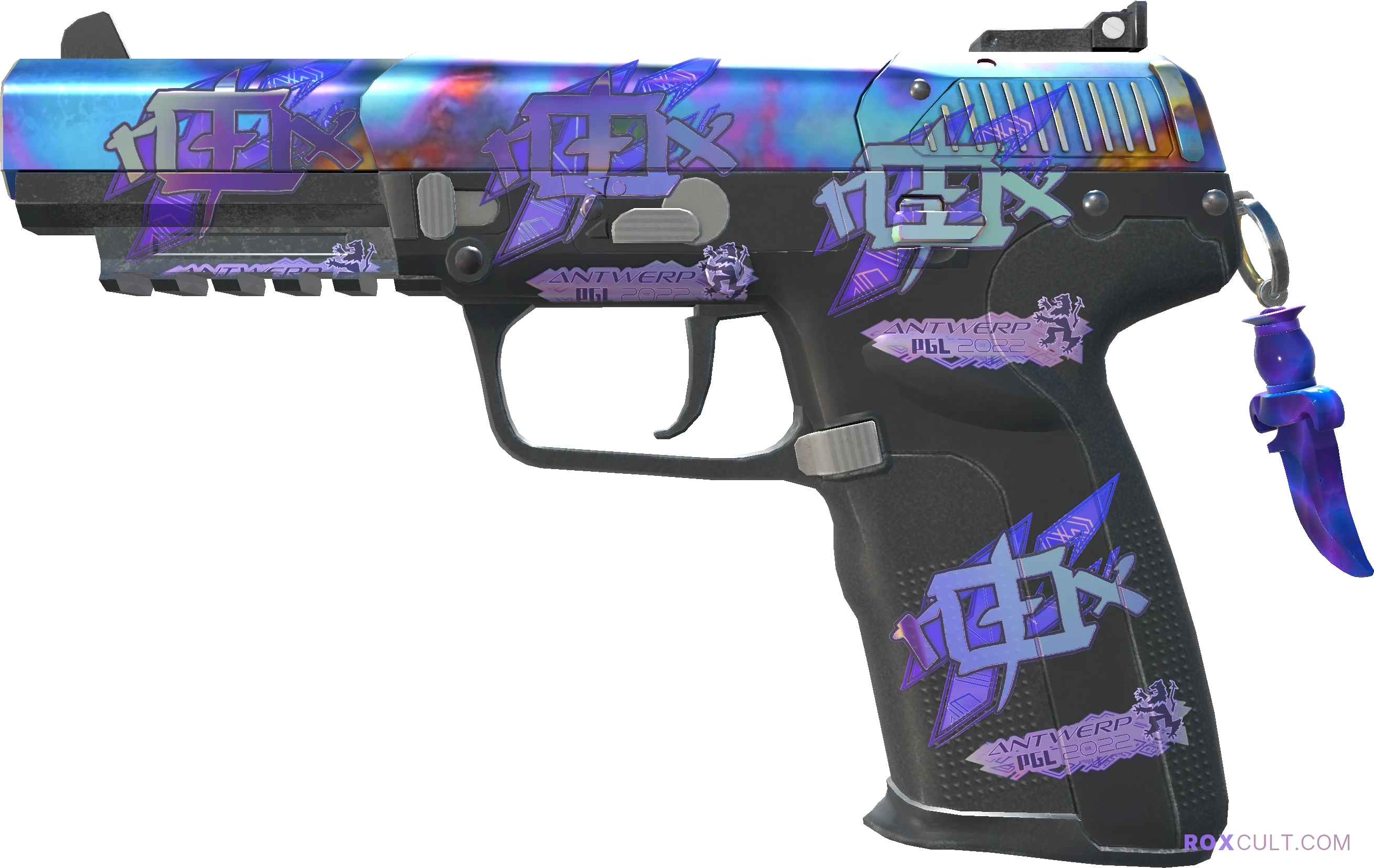 Five-SeveN | Case Hardened (Factory New) — rox (Holo) Antwerp 2022 craft, playside view with 4 rox (Holo) stickers