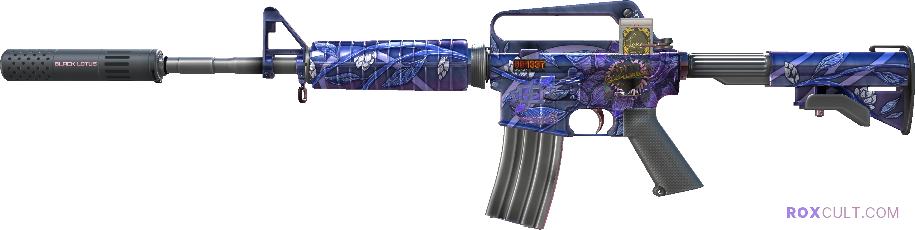 StatTrak™ M4A1-S | Black Lotus (Factory New) — rox (Holo) Antwerp 2022 craft, playside view with 1 rox (Holo) sticker