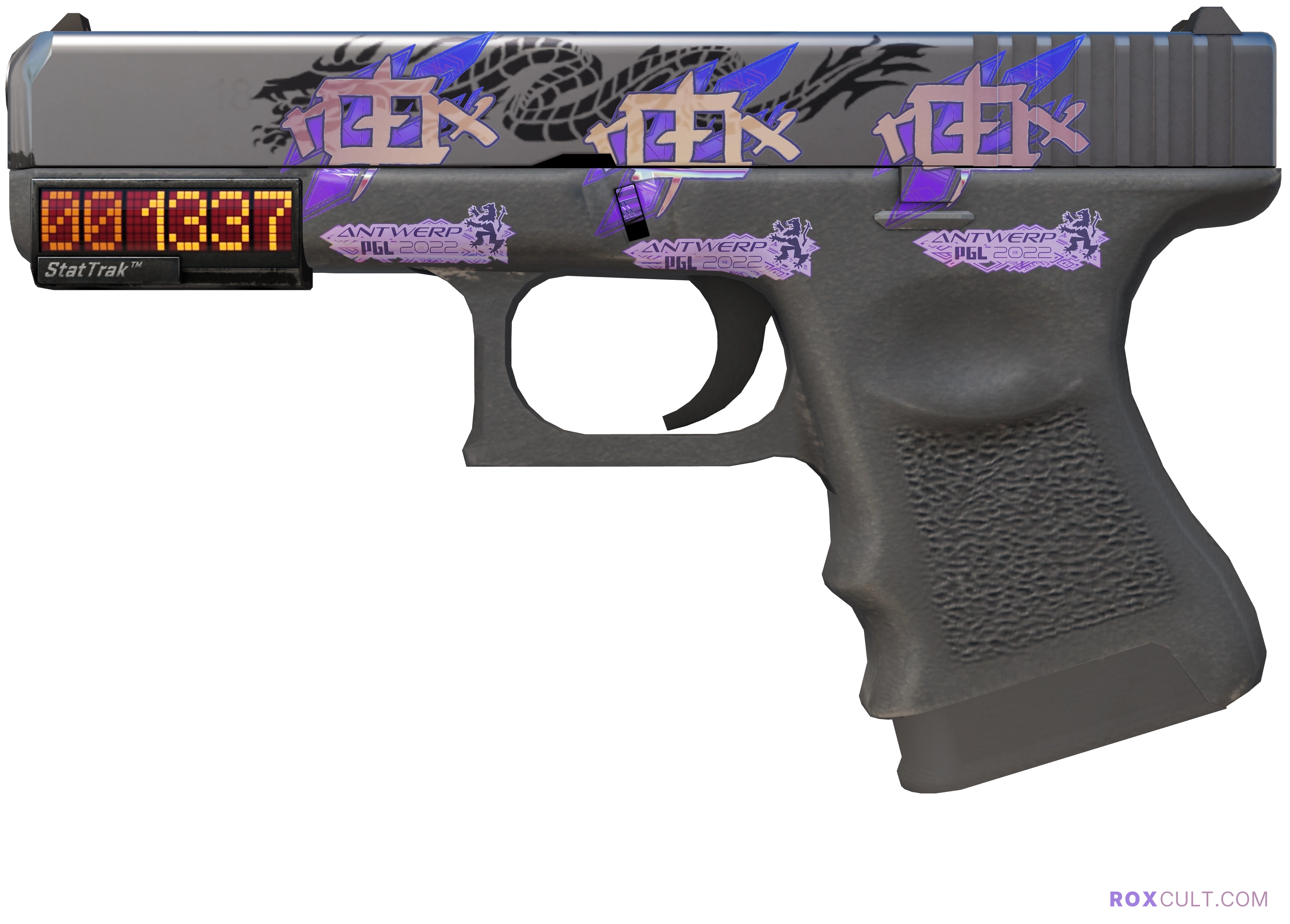 StatTrak™ Glock-18 | Dragon Tattoo (Factory New) — rox (Holo) Antwerp 2022 craft, playside view with 3 rox (Holo) stickers