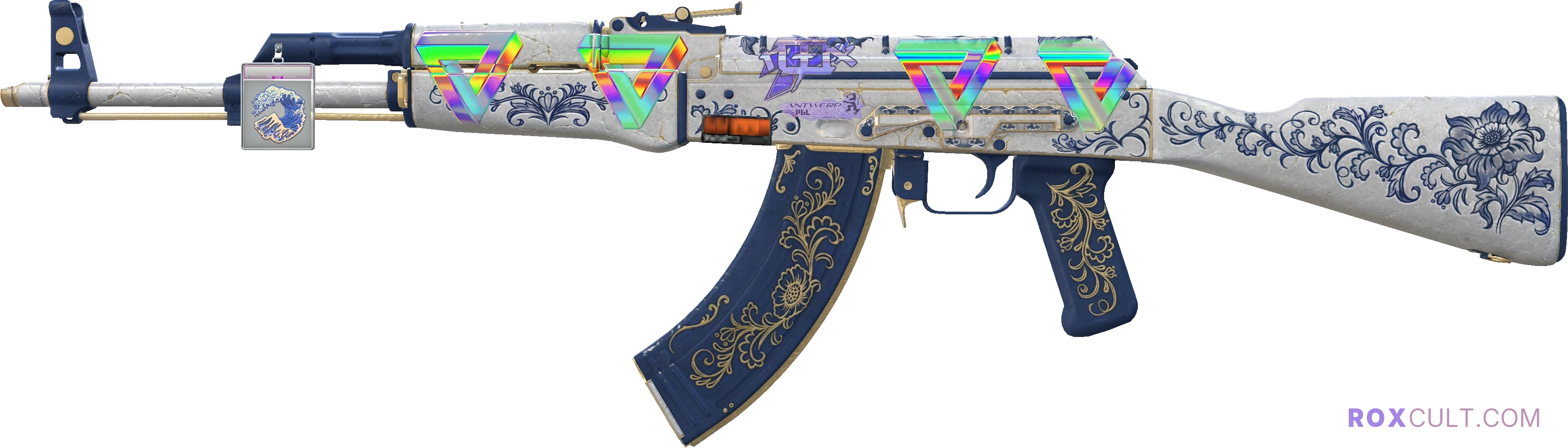 StatTrak™ AK-47 | Inheritance (Field-Tested) — rox (Holo) Antwerp 2022 craft, playside view with 1 rox (Holo) sticker
