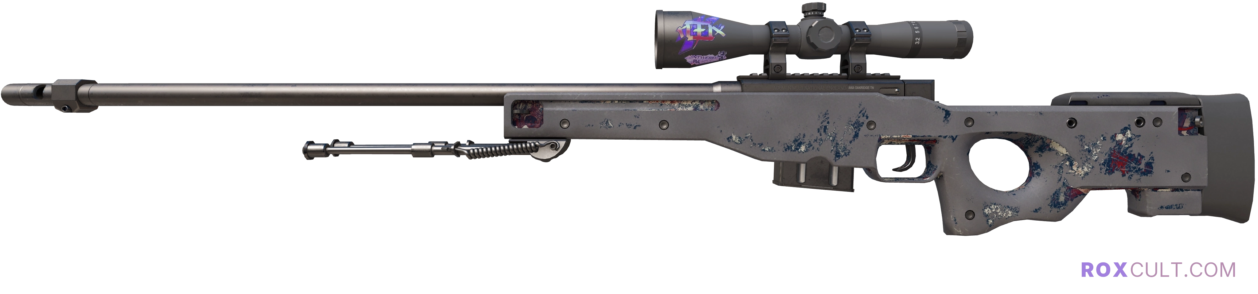 AWP | Acheron (Battle-Scarred) — rox (Holo) Antwerp 2022 craft, playside view with 1 rox (Holo) sticker