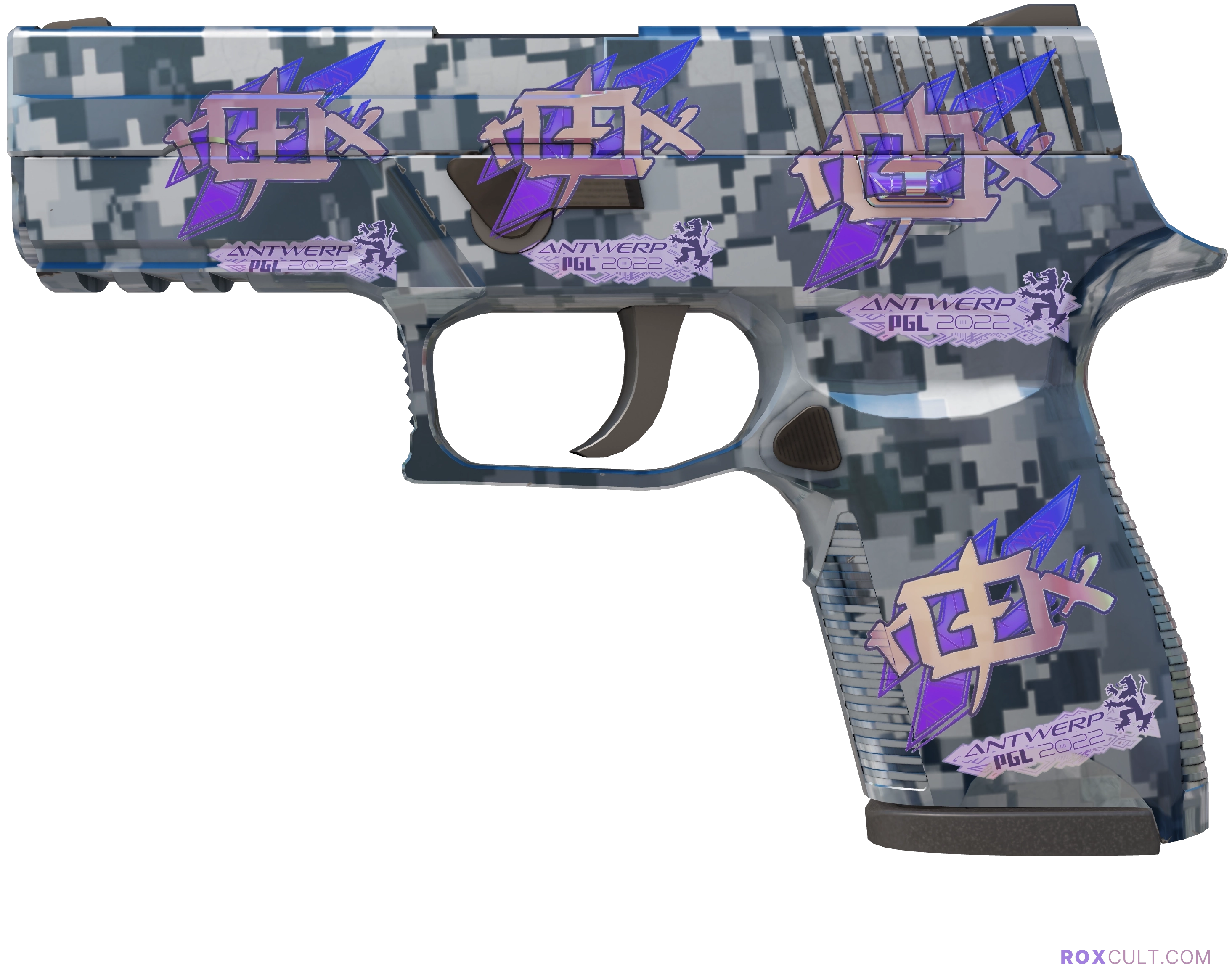 P250 | Steel Disruption (Factory New) — rox (Holo) Antwerp 2022 craft, playside view with 4 rox (Holo) stickers