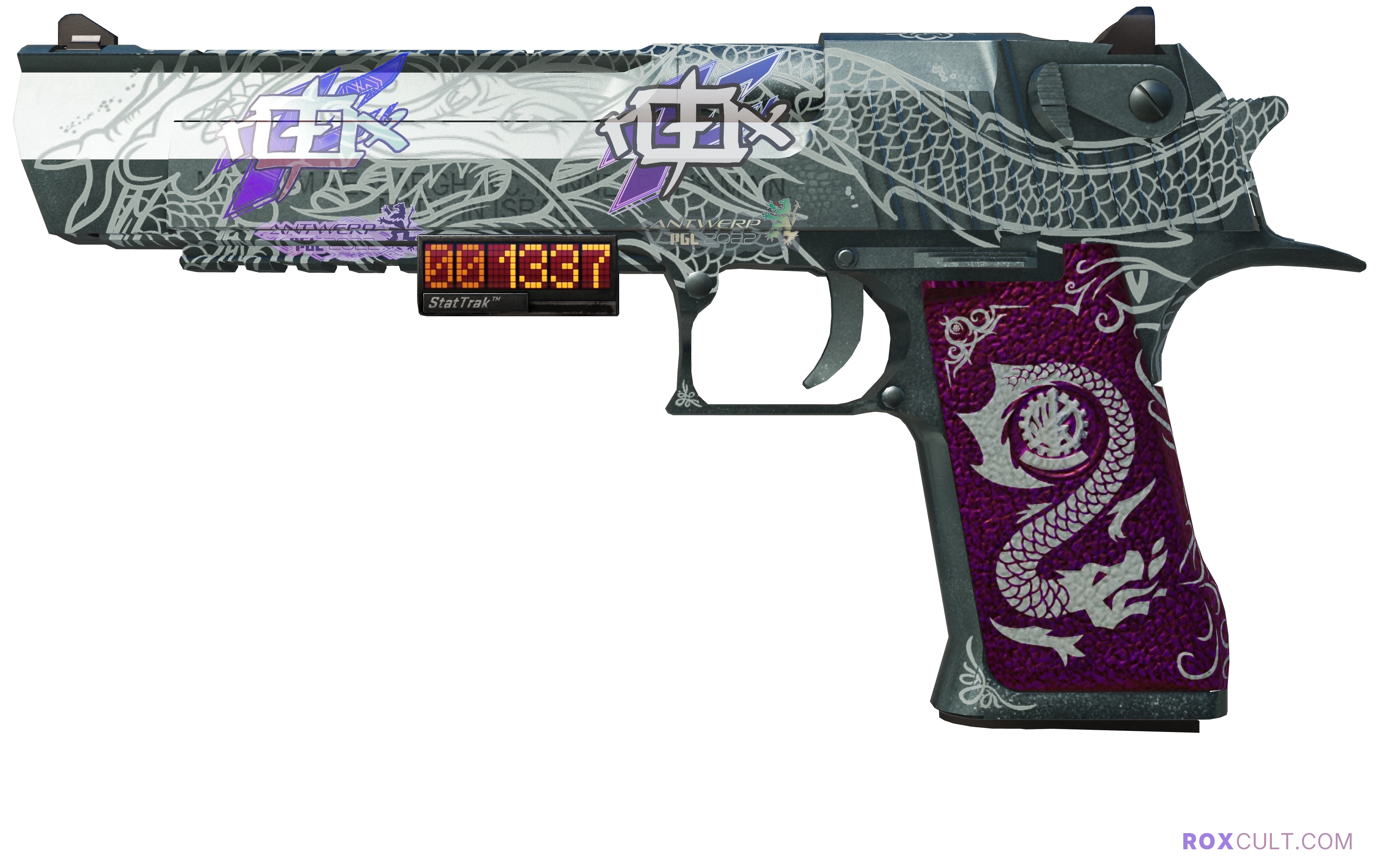 StatTrak™ Desert Eagle | Kumicho Dragon (Minimal Wear) — rox (Holo) Antwerp 2022 craft, playside view with 1 rox (Holo) sticker
