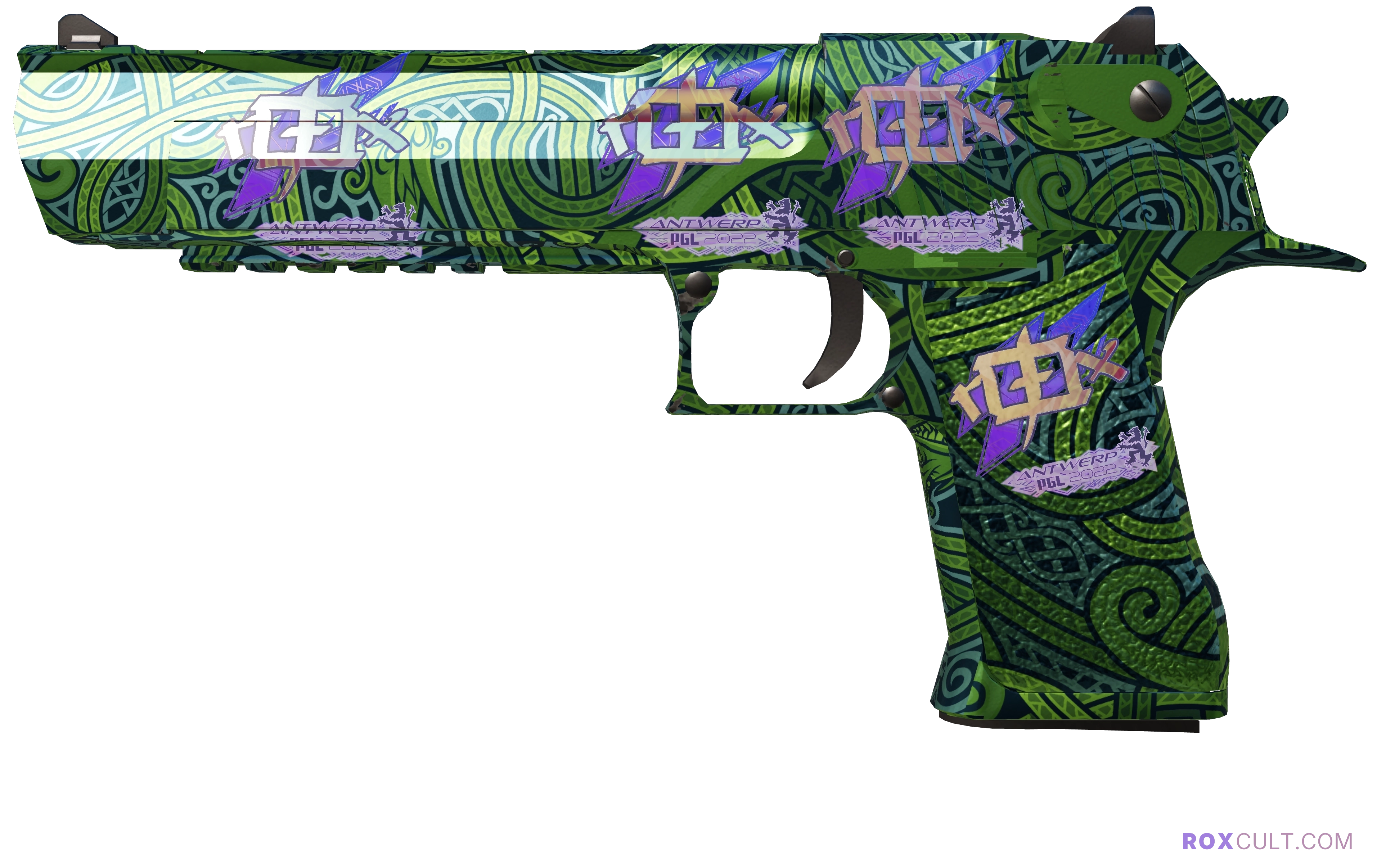 Desert Eagle | Emerald Jörmungandr (Factory New) — rox (Holo) Antwerp 2022 craft, playside view with 4 rox (Holo) stickers