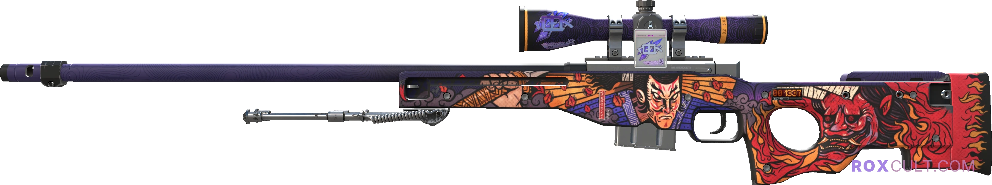 StatTrak™ AWP | Oni Taiji (Factory New) — rox (Holo) Antwerp 2022 craft, playside view with 1 rox (Holo) sticker
