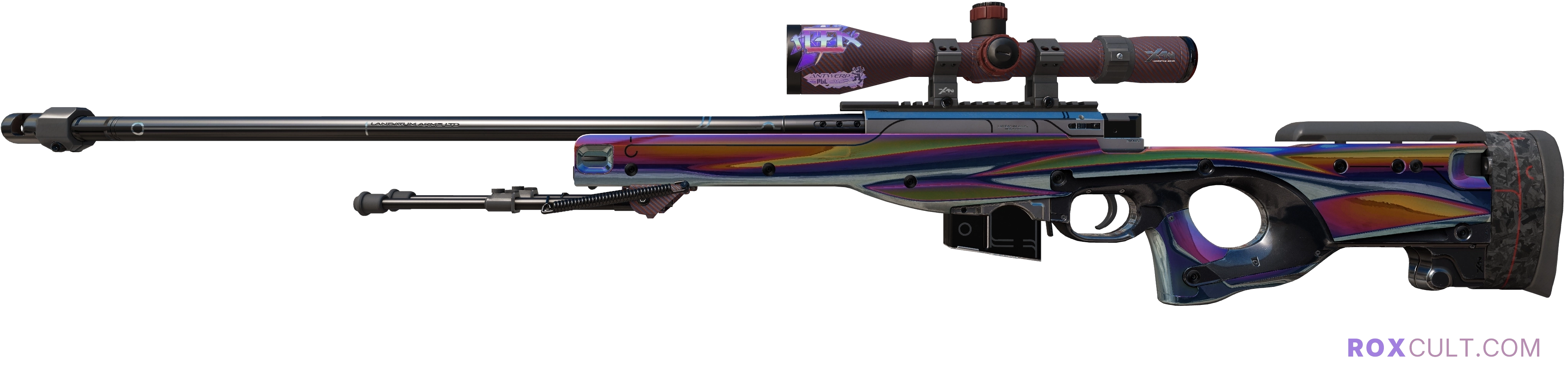 AWP | Chrome Cannon (Factory New) — rox (Holo) Antwerp 2022 craft, playside view with 1 rox (Holo) sticker