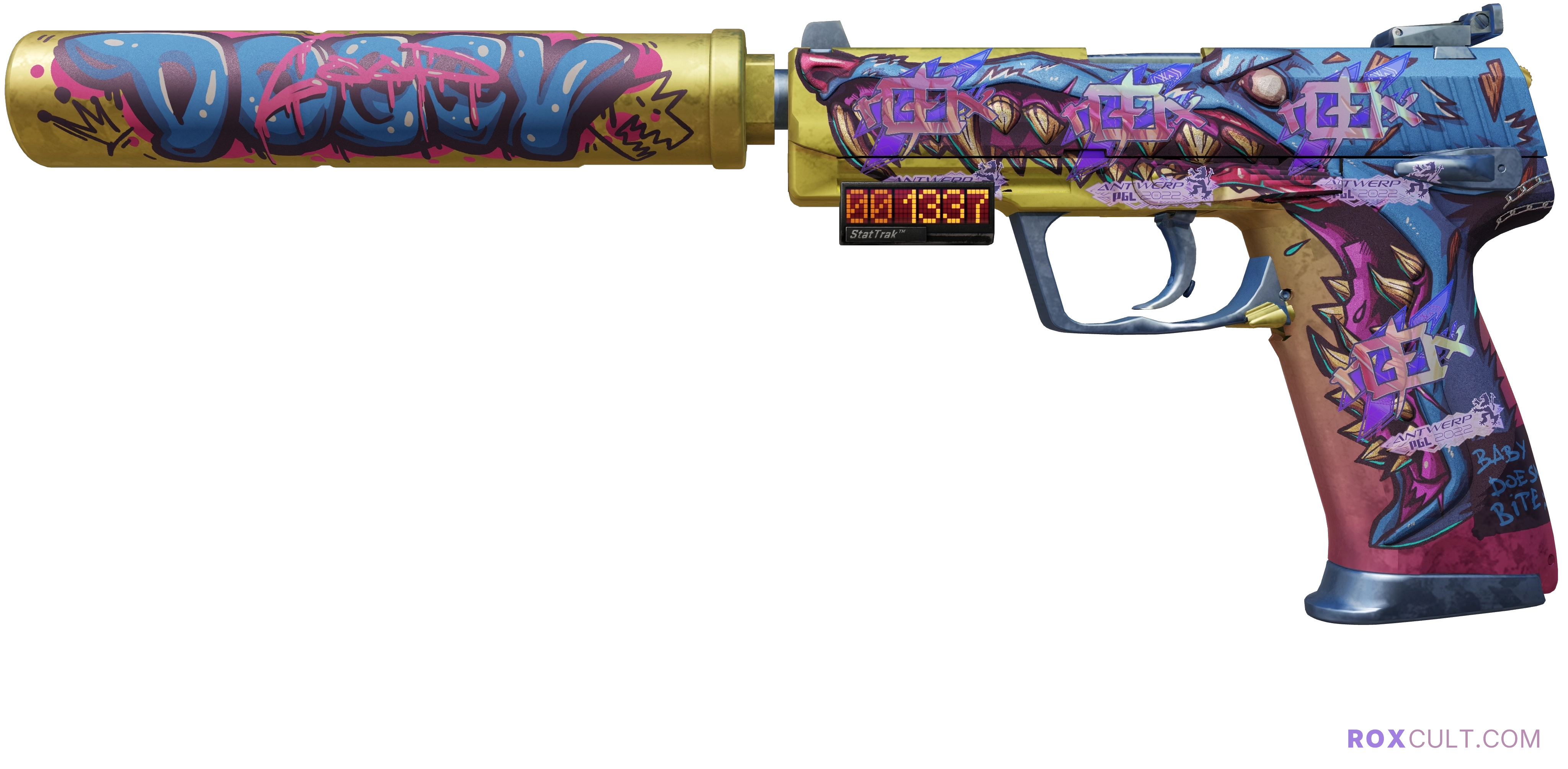 StatTrak™ USP-S | Jawbreaker (Factory New) — rox (Holo) Antwerp 2022 craft, playside view with 4 rox (Holo) stickers