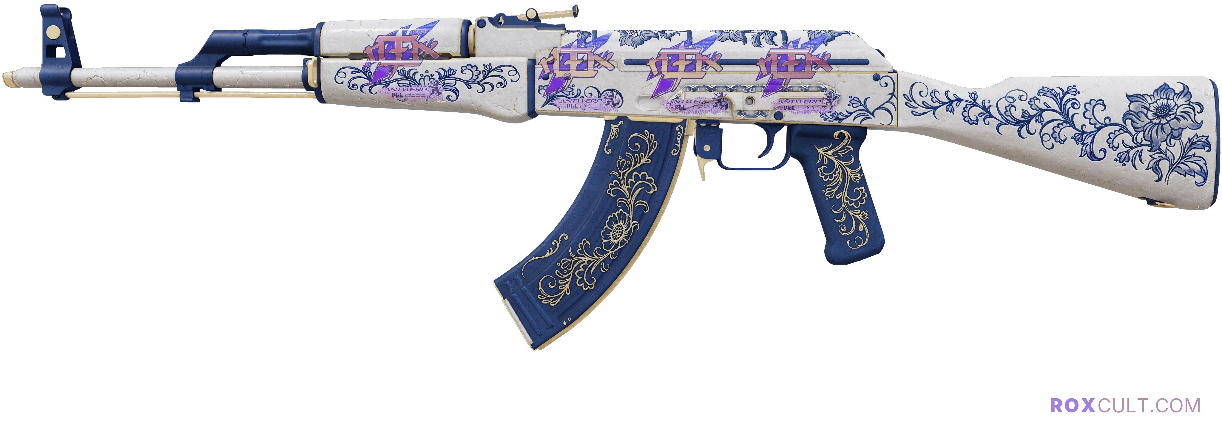 AK-47 | Inheritance (Factory New) — rox (Holo) Antwerp 2022 craft, playside view with 4 rox (Holo) stickers