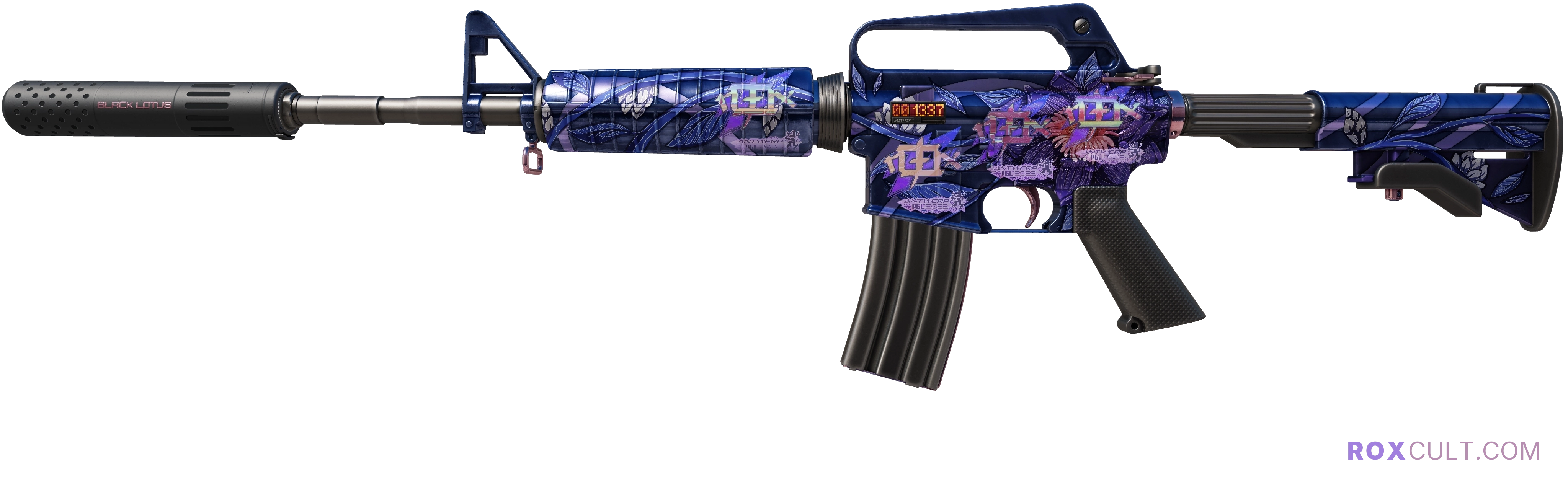 StatTrak™ M4A1-S | Black Lotus (Factory New) — rox (Holo) Antwerp 2022 craft, playside view with 4 rox (Holo) stickers