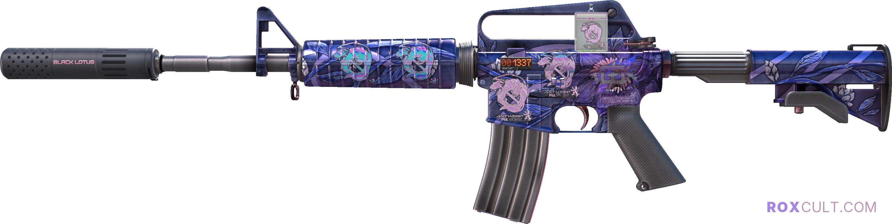 StatTrak™ M4A1-S | Black Lotus (Field-Tested) — rox (Holo) Antwerp 2022 craft, playside view with 1 rox (Holo) sticker