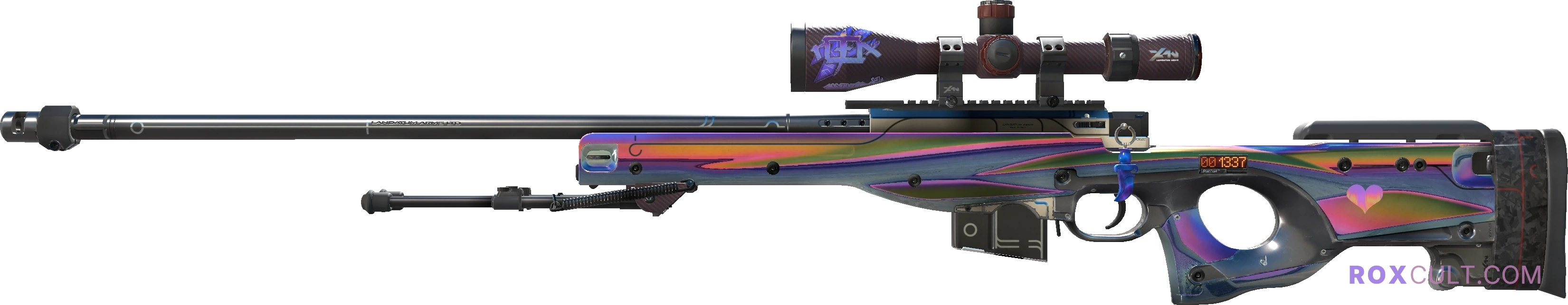 StatTrak™ AWP | Chrome Cannon (Minimal Wear) — rox (Holo) Antwerp 2022 craft, playside view with 1 rox (Holo) sticker