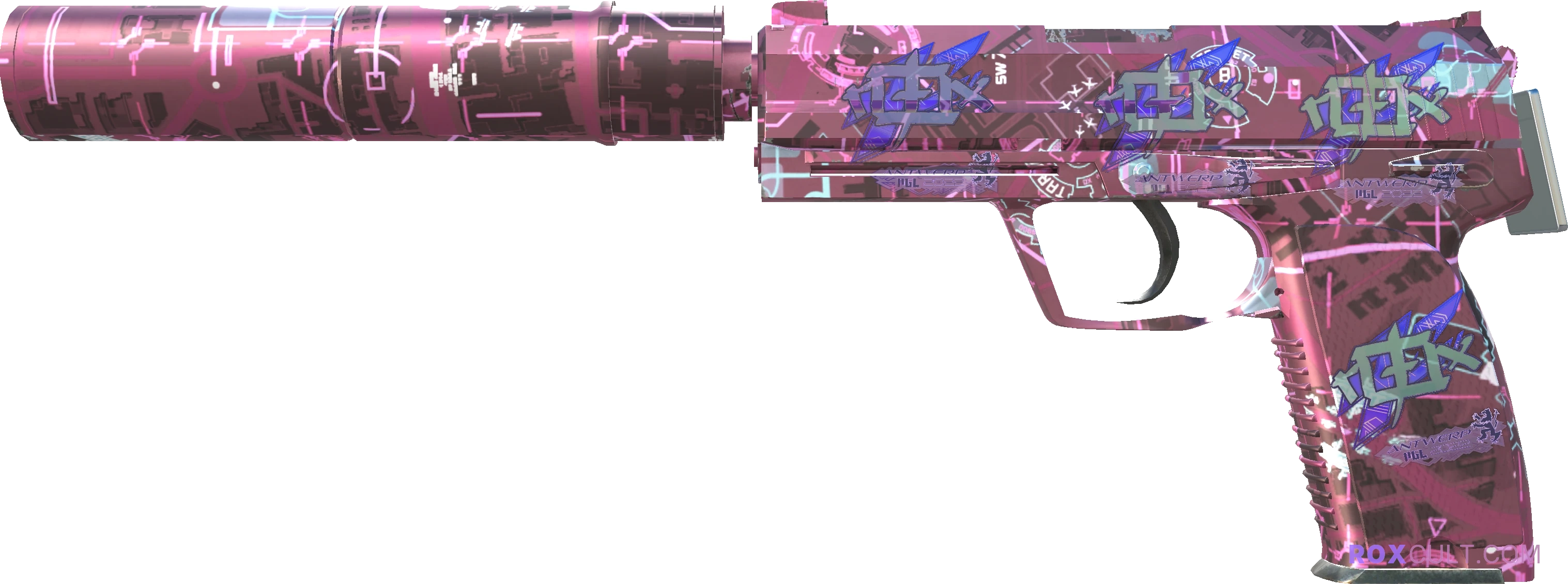 USP-S | Target Acquired (Factory New) — rox (Holo) Antwerp 2022 craft, playside view with 4 rox (Holo) stickers