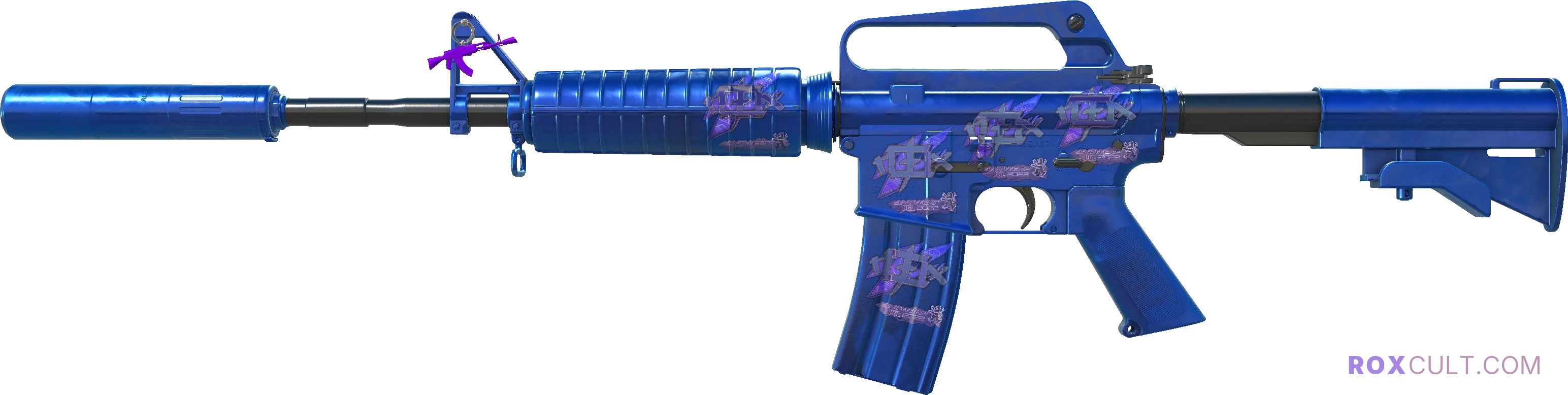 M4A1-S | Blue Phosphor (Factory New) — rox (Holo) Antwerp 2022 craft, playside view with 5 rox (Holo) stickers
