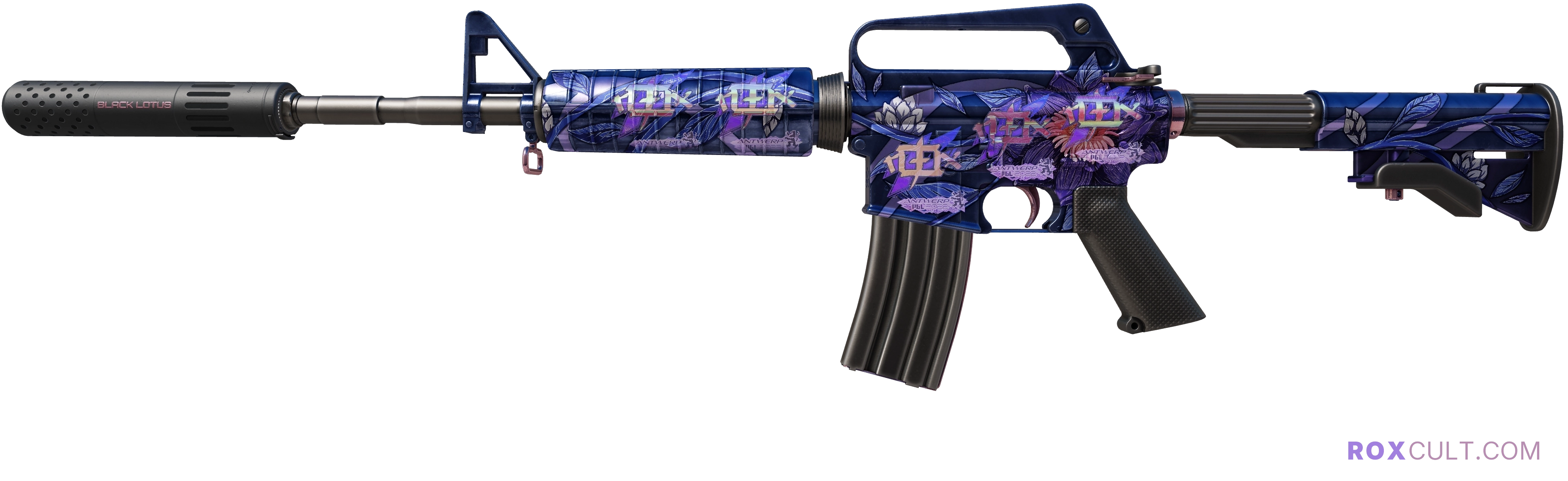 M4A1-S | Black Lotus (Factory New) — rox (Holo) Antwerp 2022 craft, playside view with 5 rox (Holo) stickers