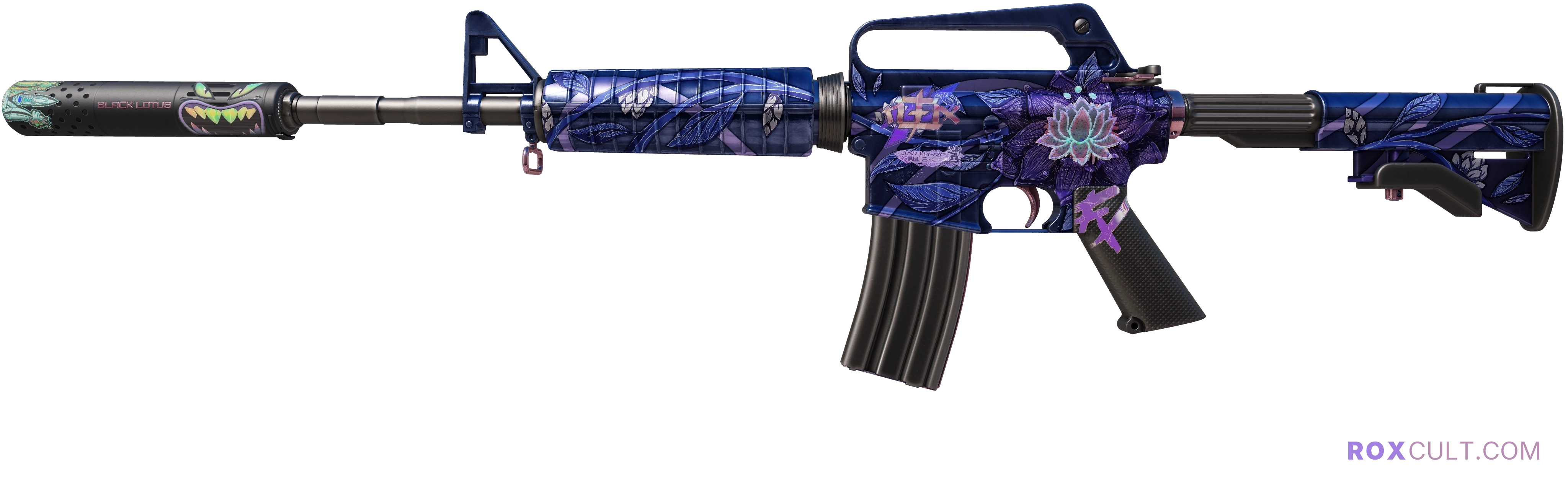 M4A1-S | Black Lotus (Factory New) — rox (Holo) Antwerp 2022 craft, playside view with 1 rox (Holo) sticker
