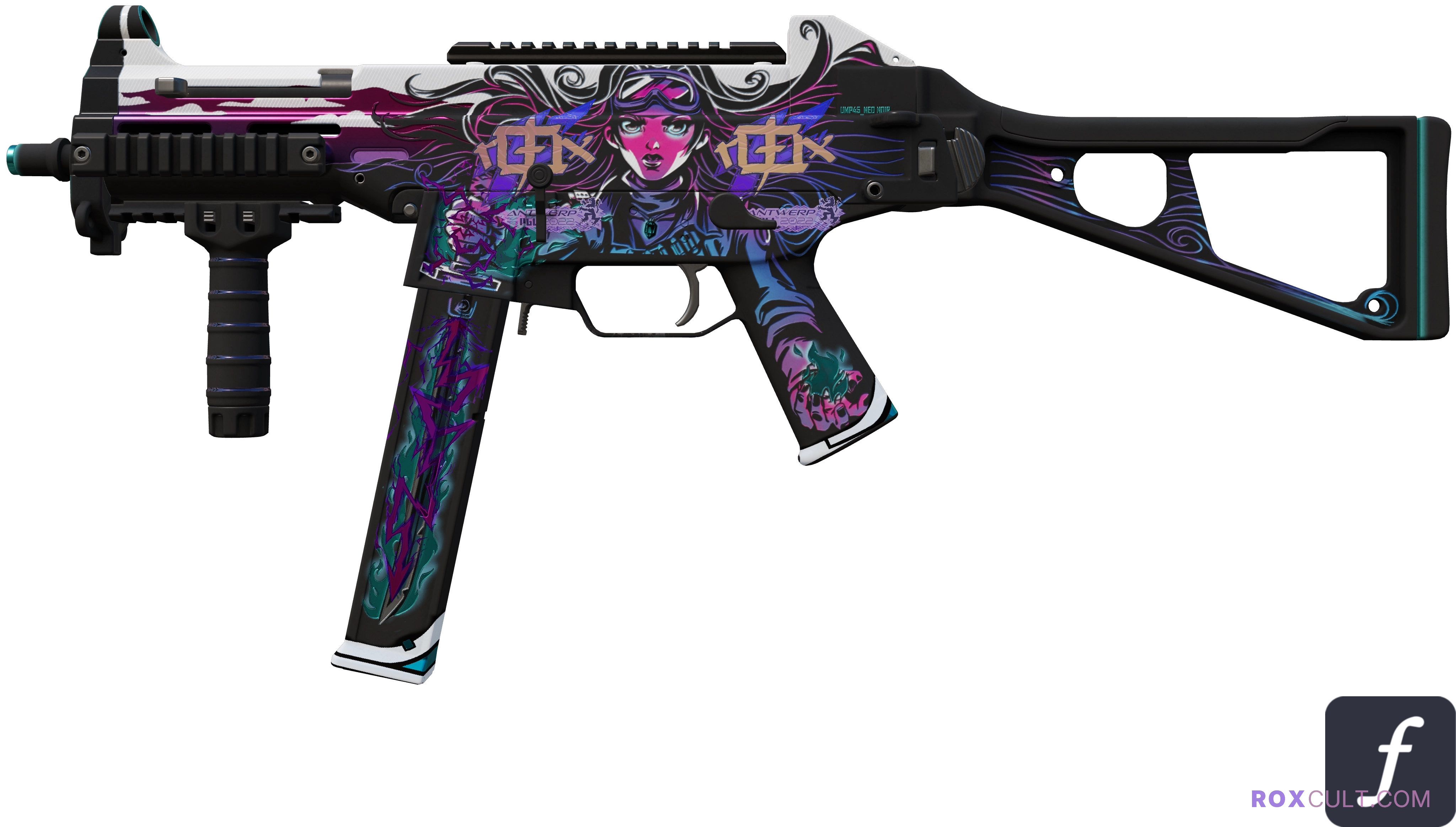 UMP-45 | Neo-Noir (Factory New) — rox (Holo) Antwerp 2022 craft, playside view with 2 rox (Holo) stickers