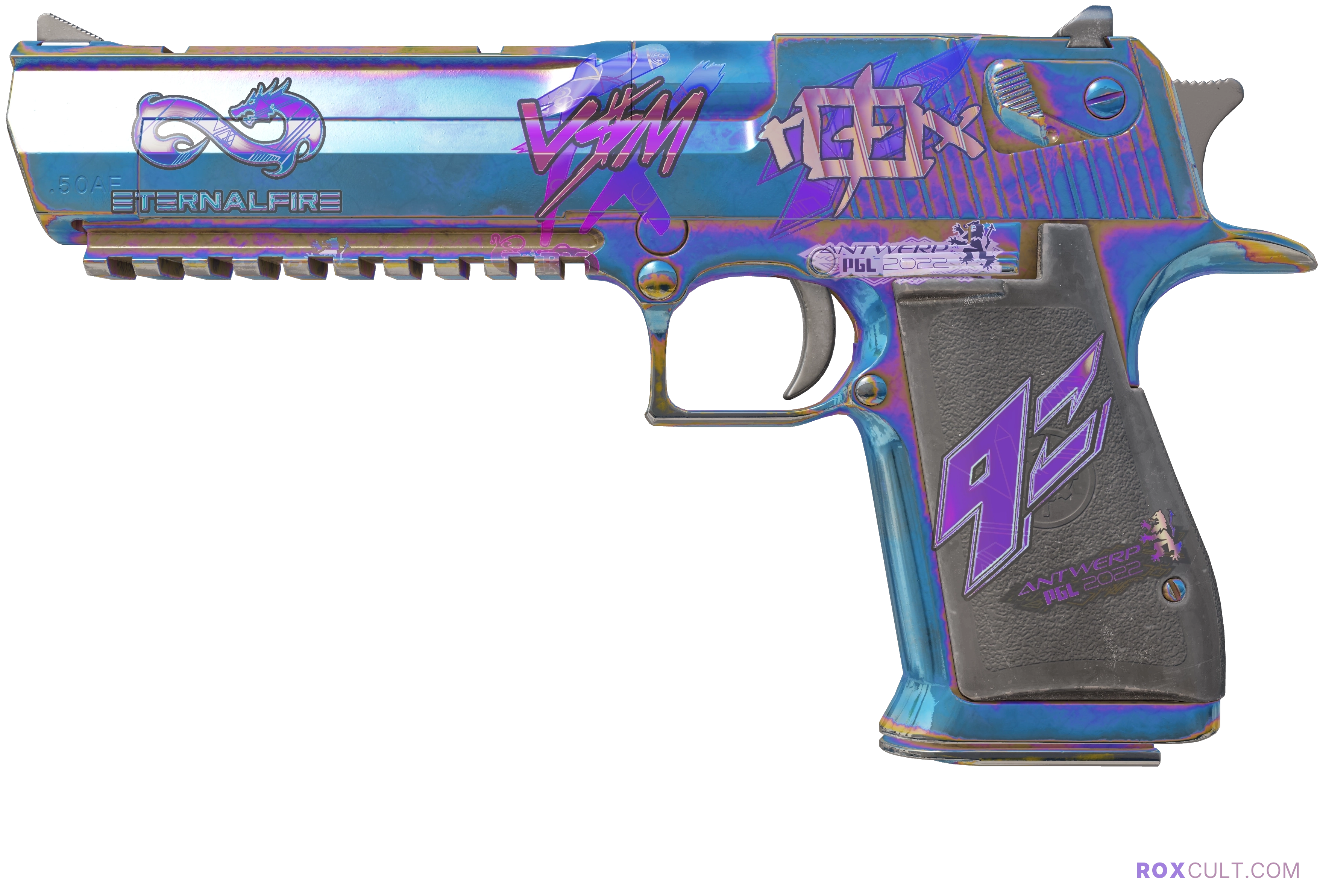 Desert Eagle | Heat Treated (Minimal Wear) — rox (Holo) Antwerp 2022 craft, playside view with 1 rox (Holo) sticker